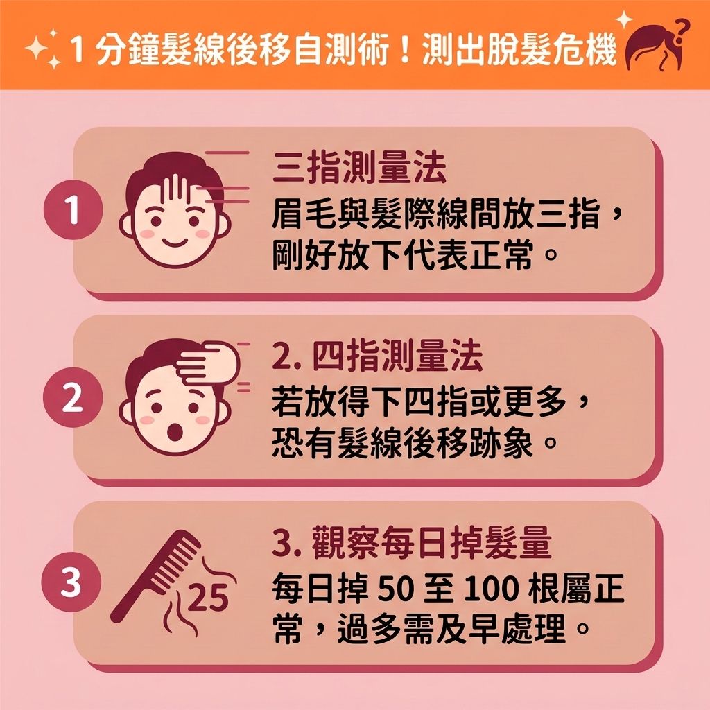 這是一張 1:1 正方形扁平化向量插畫，採用可愛台灣健康部落格風格，教你1分鐘自我檢測【脫髮早期先兆】。圖中解析【髮線後移成因】，不論是【男性脫髮危機】或【女性脫髮原因】，常因【遺傳】與體內【睪酮】等【荷爾蒙】異常轉化為【雙氫睪酮】，攻擊【真皮層】內的【毛囊】，導致【前額】與【額角】的【髮線】不斷後退，引發【雄性禿】與異常【脫髮】。

圖表提醒，若【皮脂腺】的【頭皮油脂分泌】過盛，且缺乏【蛋白質】與良好【血液循環】，會加劇落髮。要落實【預防脫髮方法】並【改善頭皮環境】，應及早進行【髮線後移治療】以【解決前額脫髮】。圖中建議，輕微者可使用含【米諾地爾】的【生髮水】，或口服【非那斯特萊】來【抑制男性荷爾蒙】。搭配含【鋸棕櫚】成分產品，能【強健脆弱髮根】、【激活休眠毛囊】、【刺激毛囊再生】並【延長生長週期】，達到【促進頭髮生長】、【增加頭髮密度】與【改善頭髮稀疏】的效果。

若【頭皮】受損嚴重，圖表建議尋求【專業生髮療程】或【植髮】手術。不想動刀者，也可考慮【無創增髮技術】或【醫療紋髮技術】，全面拯救頂上危機！
