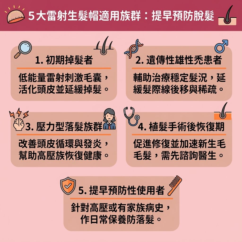 這是一張台灣健康部落格風格的 1:1 正方形扁平化資訊圖表，主要探討如何透過雷射生髮帽及各種高額頭改善方法來應對脫髮與髮線後移原因。圖中展示了受基因影響的雄性禿患者，或是面臨女性髮線後移困擾的人，經常對額頭高面相感到焦慮。為求拯救寬額頭及達致髮際線下移，許多人會嘗試不同的高額頭髮型推薦，如學習胎毛瀏海剪法剪出胎毛瀏海或修飾高額頭瀏海，這類髮型搭配合適的瀏海，不僅能改善臉型比例，還能凸顯精緻五官。

在化妝技巧上，善用髮際線修飾技巧，參考髮際線粉推薦使用髮際線粉或陰影粉來遮蓋M字額與隱藏髮際線後移，能有效增加髮量視覺效果，完美修飾額頭與臉型。然而，要真正挽救髮際線及解決頭髮稀疏，必須從保護頭皮與髮根做起。除了日常塗抹生髮水，圖表強調及早尋求皮膚科醫生協助的重要性。透過雷射生髮帽輔助，或尋找合適的植髮療程推薦進行植髮，能深層進行毛囊萎縮治療並有效刺激毛囊生長，活化毛囊，從根本增加真實髮量並保護髮線，避免M字額惡化。