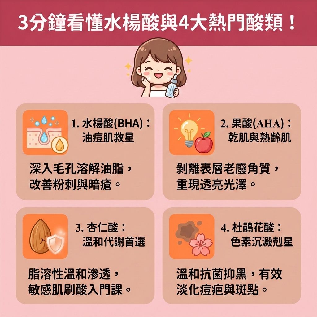 這是一張台灣健康部落格風格的醫美資訊圖表,教你如何挑選酸類護膚品(如精華液與爽膚水)。圖中女孩正為臉上的油脂、黑頭、粉刺、暗瘡與嚴重的石頭瘡苦惱。當皮脂腺分泌過盛,容易堵塞毛孔與角質層。
圖表介紹四種常見酸類:水楊酸具備優異的脂溶性,能溶解深層油脂、深層清潔皮膚並疏通堵塞毛孔,有助於收細粗大毛孔、減少黑頭粉刺及預防暗瘡形成。果酸則能去除老廢角質、促進細胞代謝、改善粗糙膚質與提亮暗沉膚色。杏仁酸相對溫和,適合敏感肌,能控制油脂分泌與調節水油平衡。杜鵑花酸則能舒緩紅腫發炎與褪紅消炎鎮靜。
日常刷酸需溫和潔淨肌膚,避免過度清潔以修復受損屏障。新手必須循序漸進建立肌膚耐受,且白天務必做好防曬。若有嚴重肌膚問題,應諮詢專業皮膚科醫生。圖表下方特別推薦香港醫學美容機構完美醫療的激光煥膚療程與「暗瘡分手療程」,助您安全重獲健康發光肌!