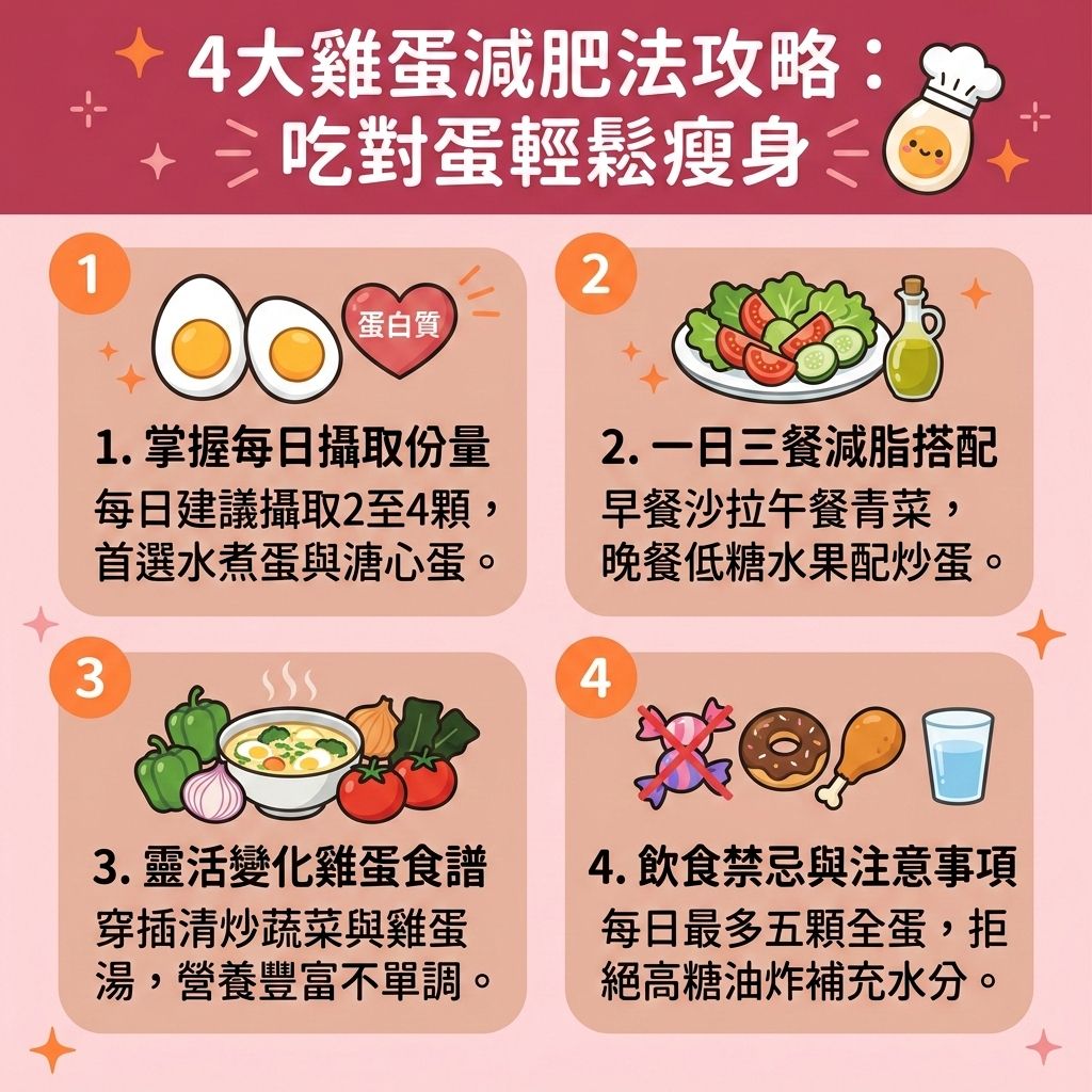 這是一張採用台灣健康部落格風格的 1:1 正方形扁平化向量資訊圖表，背景為柔和的淺粉紅，排版分為四個帶有可愛圖示的圓角矩形區塊，主題介紹「4大雞蛋減肥法攻略」。
圖表詳細解析如何透過雞蛋減肥餐單與水煮蛋減肥法來控制熱量攝取與總熱量。雞蛋富含優質蛋白質、胺基酸與維生素，能增加飽足感並延長飽足時間，同時調節體內膽固醇與脂肪。透過調節飲食結構，減少碳水化合物攝取並增加膳食纖維，有助於穩定血糖與胰島素。
這不僅是極佳的減大肚腩方法，能改善中央肥胖、消除腹部贅肉、快速瘦小腹，更能有效提升基礎代謝與基礎代謝率，加速新陳代謝。這種減脂增肌飲食能維持肌肉量，幫助燃燒深層脂肪，降低體脂比例與體脂率，是突破減肥停滯期、預防脂肪積聚並打造易瘦體質的關鍵。圖表也建議可配合輕斷食以達更佳效果。
若想進一步塑造緊緻線條，醫學美容是理想輔助，透過局部減脂療程與無創減脂技術（如溶脂），結合精準的醫美定位修形，讓您安全重塑完美體態！