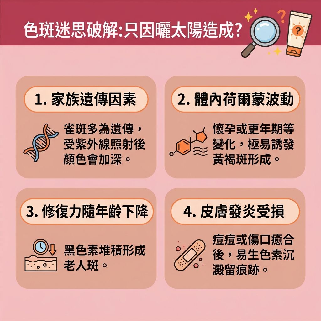 這是一張1:1的台灣健康部落格風格資訊圖表，主要探討色斑成因與如何【改善色素沉澱】的迷思。其實，【荷爾蒙】波動不只會導致色斑，也是探討【美人生鬚原因】（如【女生長鬍子】或臉部突然長出【粗硬毛髮】）的關鍵，特別是患有【多囊卵巢症】導致體內【雄性激素】過盛時。

很多人在搜尋【脫面毛邊間好】、【激光脫毛價錢】或進行【脫毛療程比較】時，會發現專業【脫毛公司】的【治療師】在處理【面部雜毛】、【唇毛】、【面毛】以至【全身脫毛】及【比基尼線】時，常使用【755nm】或【808nm】波長的【脫毛儀器】配合【冷凍劑】。這種【無痛激光脫毛】技術能直達底層【毛囊】，徹底破壞【鬚根】，不僅能達到理想的【永久脫毛效果】，更能【收細毛孔】，幫助女性輕鬆【去除小鬍子】。相比自行使用【剃刀】或【脫毛膏】（甚至上網搜尋【剃鬚膏推薦】），激光能減少刮傷表面【角質層】，是更安全的【毛髮倒生處理】方法，能有效【避免毛囊炎】，對於【敏感肌】尤為重要。

當然，進行【激光脫毛】（無論是否使用【學生脫毛優惠】）後，必須留意皮膚的【激光反應】與潛在的【激光脫毛副作用】。妥善的【脫毛後護理】與防曬同樣重要，能防止刺激底層【黑色素】增生，從而避免發炎後的色素沉澱，維持白滑無瑕肌膚。
