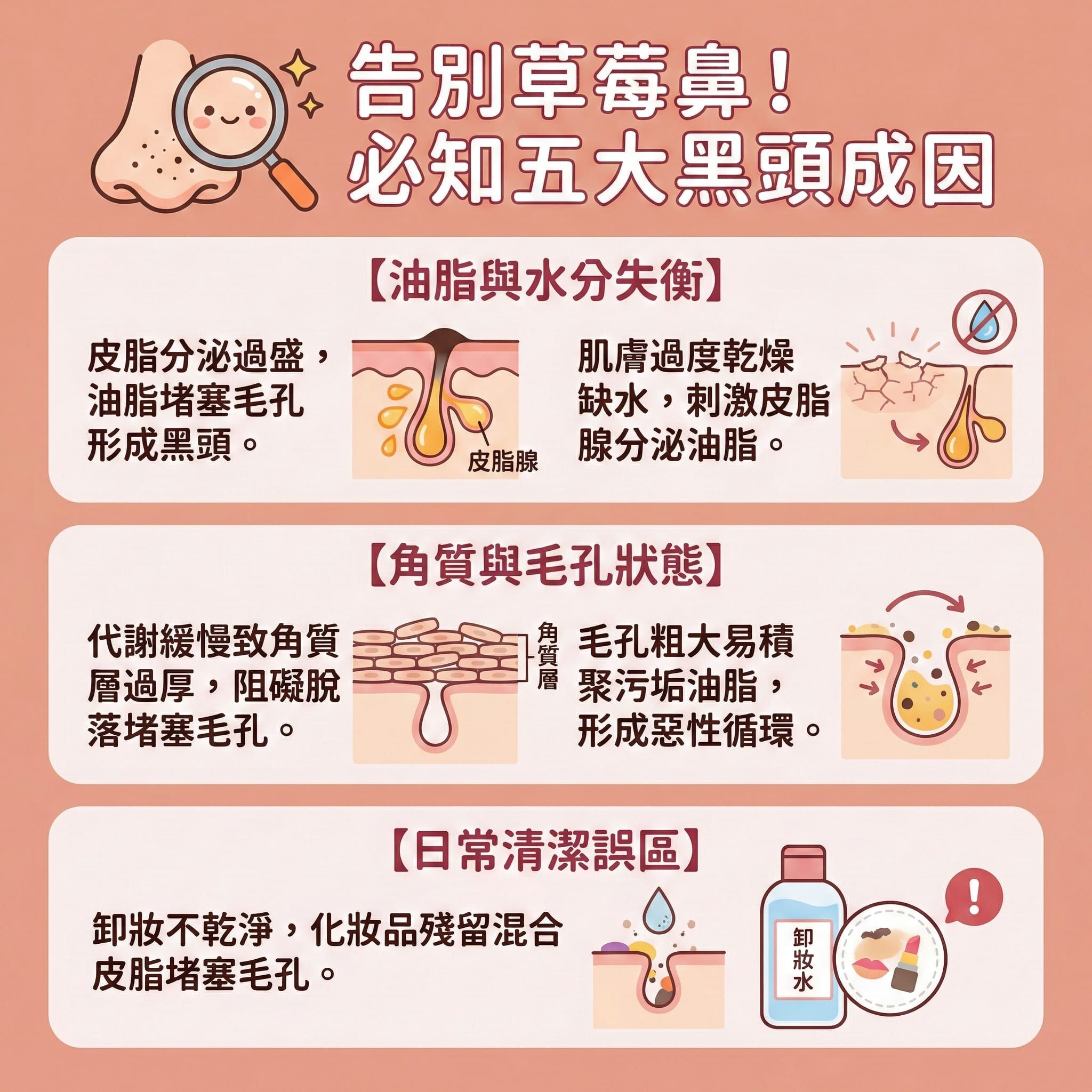 這是一張方形的扁平化向量資訊圖表，主題為「告別草莓鼻！必知五大黑頭成因」，旨在教育大眾預防黑頭形成及了解黑頭成因。圖表以可愛醫美風格呈現，適合醫學美容教育。第一部分探討油脂與水分，指出皮脂分泌過盛及荷爾蒙影響會刺激皮脂腺，強調控制油脂分泌的重要性。第二部分解釋老廢角質堆積與皮膚乾燥會導致毛孔堵塞，形成粉刺與暗瘡，甚至滋生痤瘡桿菌，並提醒擠黑頭後果嚴重，容易造成皮膚損傷。第三部分強調正確潔面步驟，指出卸妝不徹底（殘留化妝品或防曬）及污垢積聚在鼻頭會惡化狀況，因此需慎選卸妝產品與洗面乳。圖表隱含了多種去黑頭方法與日常護膚程序建議，例如使用水楊酸或果酸來溫和去角質並溶解黑頭，以及進行黑頭導出。為了清除黑頭粉刺與改善草莓鼻，建議定期使用深層清潔面膜（或泥狀面膜）來深層清潔毛孔。同時，需注意黑頭貼傷害，提倡無痛清黑頭。針對改善毛孔粗大，可尋求醫美去黑頭療程（如激光）或促進膠原蛋白增生的收毛孔方法。整體設計清晰，完美結合健康資訊與可愛插畫。
