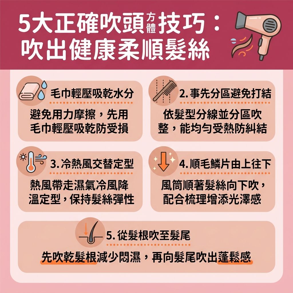 這是一張台灣健康部落格風格的 1:1 正方形資訊圖表，詳細圖解正確吹頭方法與吹乾頭髮技巧。為了預防頭髮毛躁並快速吹乾頭髮，洗髮（使用合適的洗頭水）後應先用毛巾輕壓吸乾水分，這是關鍵的吹頭前護理。切記避免濕髮梳頭傷害，以防過度拉扯導致吹頭甩頭髮。

圖表教導如何保護毛鱗片：使用風筒時要注意風筒溫度控制，避免高溫傷髮，以免破壞角蛋白與髮質。採用冷熱風交替（善用熱風與冷風的溫度），能有效鎖水保濕抗毛躁。若使用具備負離子功能的吹風機，發揮負離子風筒功效，更能減少頭髮靜電（對抗靜電）與撫平毛躁頭髮，解決毛躁問題。

吹整時應順住髮絲吹，從髮根一路吹至髮尾。先吹乾頭皮能預防頭皮出油、保護毛囊與頭皮，同時能增加髮根蓬鬆度，改善頭髮扁塌。搭配梳子與護髮油，幫助毛鱗片閉合，能有效減少髮絲斷裂，讓頭髮恢復健康光澤。