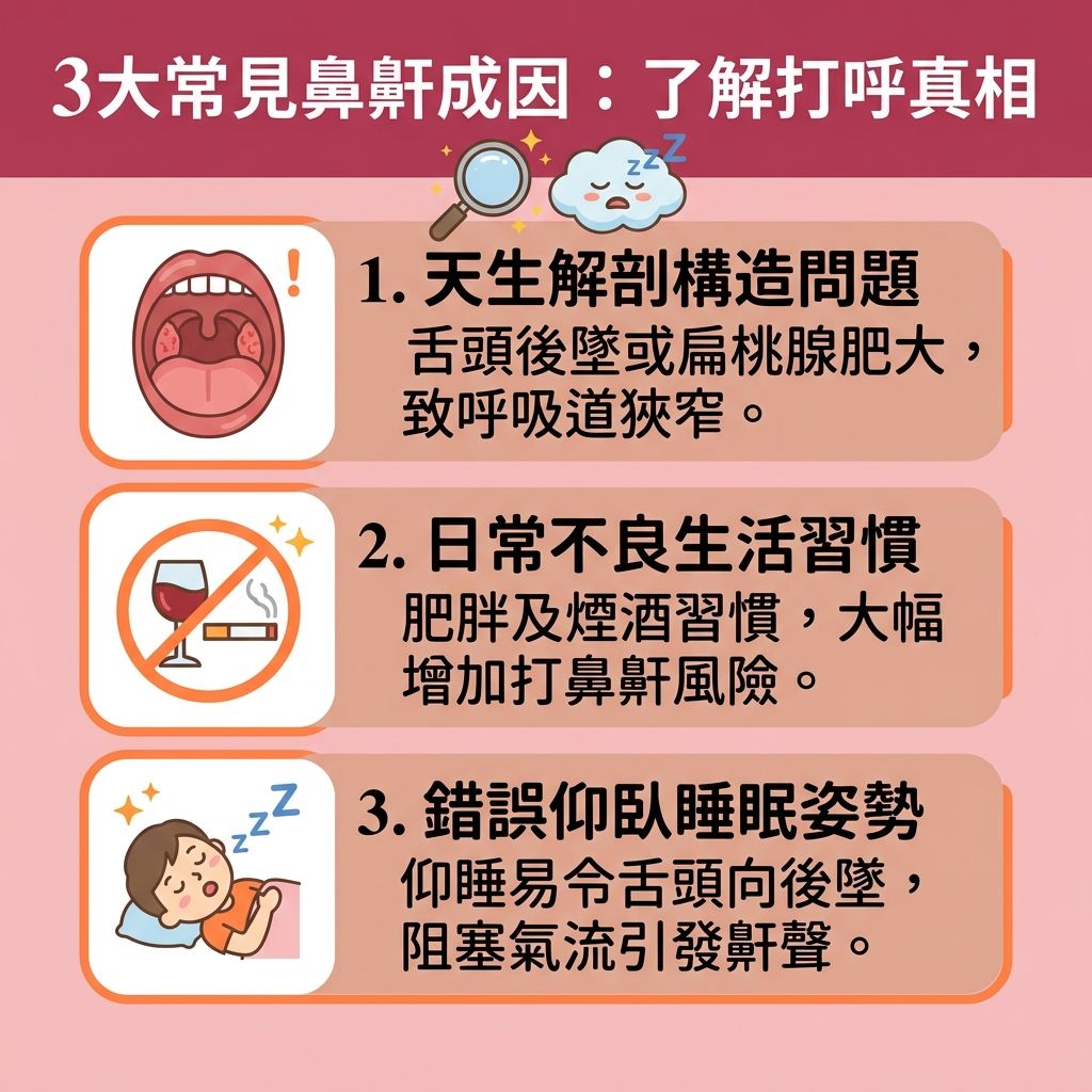 這是一張台灣健康部落格風格的 1:1 正方形扁平化資訊圖表，深入探討【鼻鼾】成因與多種【解決鼻鼾方法】。圖中指出，當【舌頭】與【軟顎】後墜，或【喉嚨】與【口腔】的【肌肉】鬆弛，會導致【呼吸道】狹窄，引發【氣流】受阻。這不僅會造成【鼻塞】，更可能演變成【睡眠窒息症】（即【睡眠呼吸中止症】），出現【改善睡眠缺氧】的需求並缺乏【氧氣】，嚴重影響【睡眠】。

為了【改善氣流阻塞】與【保持呼吸道暢通】，大眾常尋找【止鼻鼾神器推薦】並進行【止鼻鼾產品比較】。市面上有許多基於【物理止鼾原理】的【止鼾器】。其中，【頭帶】（常配有【魔術貼】設計，包覆【臉頰】）能有效【收緊下巴肌肉】並【固定下顎位置】。了解【止鼻鼾帶效果】可知，它能【防止用口呼吸】、【預防睡眠口乾】，並【減少打呼嚕】。雖然要注意潛在的【止鼾帶副作用】，但正確使用能【舒緩鼻塞症狀】。

此外，針對不同成因，也可考慮配戴【牙膠】支撐【下顎】、使用專業【呼吸機】清理【鼻腔】，並【調整不良睡姿】。這些方法能徹底幫助患者【減輕日間疲倦】，達到【提升睡眠質素】與【改善睡眠質素】的最終目標。
