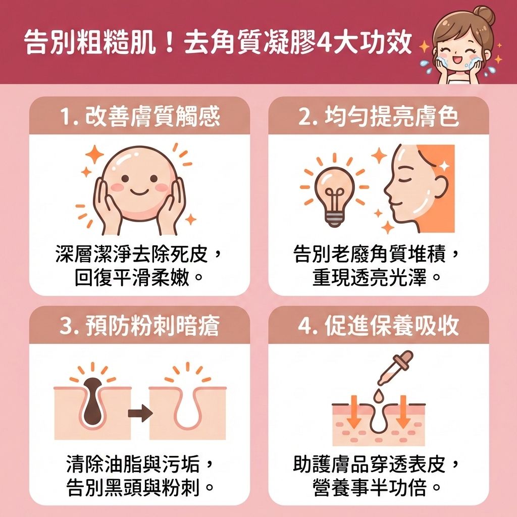 這是一張台灣健康部落格風格的正方形醫美資訊圖表，介紹去角質凝膠的4大功效。圖表強調，對於乾燥肌與敏感肌，若不溫和清潔皮膚，厚重的角質層與死皮會導致毛孔堵塞。透過含有果酸或水楊酸的產品來去除老廢角質，能有效深層清潔毛孔與疏通堵塞毛孔，避免皮脂腺異常分泌油脂，進而減少黑頭粉刺，預防黑頭、粉刺及暗瘡。

正確的去角質能控制油脂分泌與調節水油平衡，達到改善粗糙膚質與提亮暗沉膚色的效果。後續搭配洗面奶、透明質酸等護膚品，能促進後續吸收、維持肌膚水分並增強皮膚屏障。圖表提醒，必須避免過度清潔與避免刺激皮膚，以免破壞健康的皮膚屏障，並幫助舒緩紅腫發炎。這不僅能加速細胞更新，更能刺激膠原增生。

若肌膚問題嚴重，建議諮詢專業皮膚科醫生。圖表最後強烈推薦完美醫療的專業醫學美容療程，包含皇牌「暗瘡分手療程」與「激光去印療程」，助您從根源解決問題，實現長效預防復發！