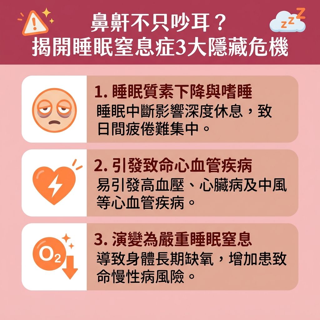 這是一張台灣健康部落格風格的 1:1 正方形扁平化資訊圖表，詳細解說【鼻鼾】帶來的健康風險，並提供多種【解決鼻鼾方法】。長期打呼不僅影響精神，更可能是嚴重的【阻塞性睡眠窒息症】。當【脂肪】積聚壓迫【呼吸道】、【喉嚨】與【軟顎】，或因【鼻敏感】與【鼻竇炎】導致【鼻腔】阻塞，都會造成【睡眠呼吸中止】。這會引發缺氧，必須及早【預防心血管疾病】並【減輕日間疲倦】以【降低停止呼吸頻率】。

為了【保持呼吸道暢通】與【改善呼吸道阻塞】，除了【側睡】、【防止舌頭後墜】、【改善用口呼吸】與【控制體重減鼻鼾】外，也可使用【生理鹽水】進行【洗鼻舒緩鼻敏感】來【改善鼻塞問題】及【舒緩喉嚨乾涸】。針對【肌肉】鬆弛，可以尋求【中醫】進行【穴位】按摩與【中醫調理鼻鼾】。

若懷疑患病，應前往【診所】尋求專業【醫生】進行【睡眠測試】與詳細的【睡眠測試診斷】。除了配戴【呼吸機】或進行【手術】，現在也有【安全無痛治療】的選項，如先進的【無創止鼾療程】。透過【激光】技術進行的【療程】，能有效【收緊喉嚨肌肉】，幫助您徹底遠離【睡眠窒息症】的困擾，全面【改善睡眠質素】。