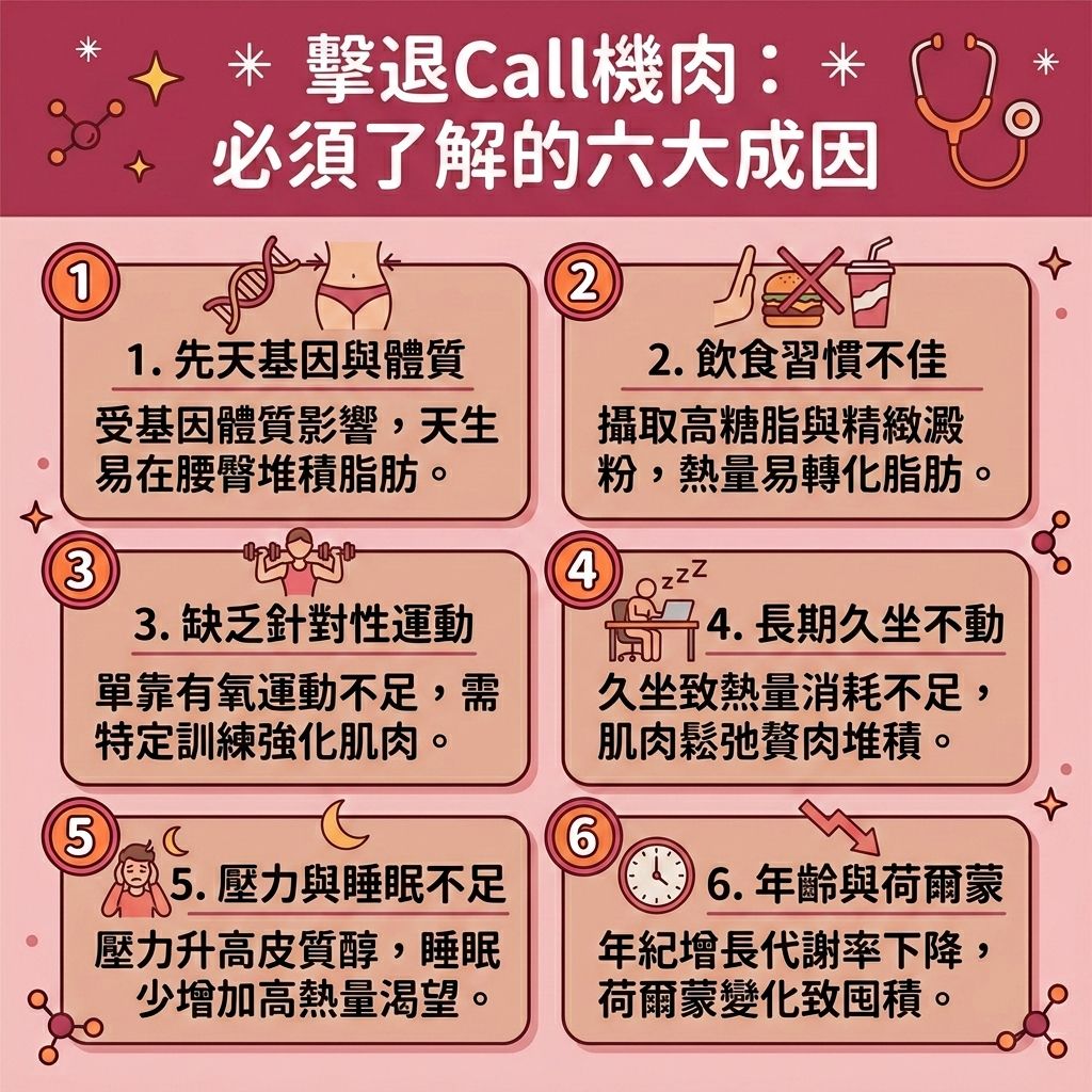 這是一張 1:1 正方形的扁平化向量資訊圖表，深入探討下半身肥胖成因。圖表列出導致大腿外側與腰側出現贅肉的六大原因。首先，久坐缺乏運動會影響血液循環與淋巴系統，導致水腫，必須改善血液循環與促進淋巴排毒才能改善下肢水腫。其次，不良姿勢引發的假胯寬與骨盆問題，需要矯正骨盆前傾來改善假胯寬問題。

飲食方面，若未控制熱量攝取創造熱量赤字，過多卡路里會讓脂肪細胞與皮下脂肪囤積。年齡與雌激素變化也會降低基礎代謝率與肌肉量，增加臀部脂肪。

針對消除call機肉方法與減大腿外側贅肉，單靠全身有氧運動或伸展運動有時難以擊退頑固脂肪。要燃燒深層脂肪並減少脂肪囤積，可考慮醫學美容的局部減脂療程。透過無創減脂技術如微波溶脂、射頻或一般溶脂技術，進行精準的醫美定位修形。這能有效突破減肥停滯期，幫助塑造腿部線條、緊緻大腿皮膚，最終達到提升臀部線條的完美效果。