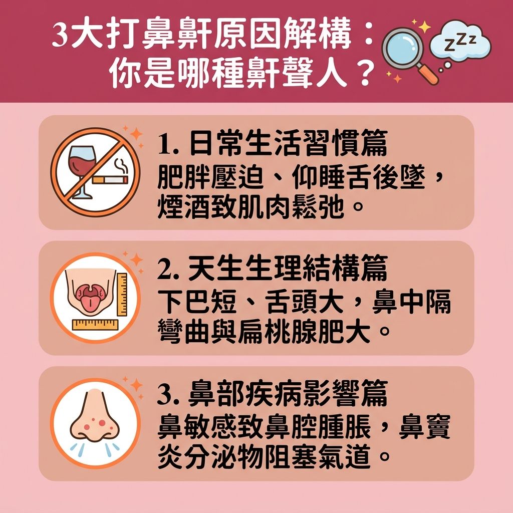 這是一張台灣健康部落格風格的 1:1 正方形扁平化資訊圖表，詳細解構【鼻鼾】與【睡眠窒息症】的三大成因，並探討【解決鼻鼾方法】。許多人因頸部【脂肪】過多、或【喉嚨】、【軟顎】及周邊【肌肉】鬆弛，導致【呼吸道】受阻，引發嚴重的【阻塞性睡眠窒息症】。這會造成頻繁的【睡眠呼吸中止】，患者急需【改善睡眠質素】（維持優良【睡眠質素】）並【減輕日間疲倦】以【降低停止呼吸頻率】。

在生理與疾病方面，【鼻腔】結構異常、嚴重的【鼻敏感】或【鼻竇炎】都會加劇症狀。日常可透過【生理鹽水】進行【洗鼻舒緩鼻敏感】以【改善鼻塞問題】及【舒緩喉嚨乾涸】；同時建議採取【側睡】來【防止舌頭後墜】及【改善用口呼吸】。

為了【保持呼吸道暢通】與【改善呼吸道阻塞】，建議尋求專業【診所】的【醫生】進行【睡眠測試】與詳細的【睡眠測試診斷】。輕度者可嘗試尋求【中醫】按壓【穴位】進行【中醫調理鼻鼾】，或配合【控制體重減鼻鼾】。嚴重者除了考慮配戴【呼吸機】或進行傳統【手術】外，現在也有【安全無痛治療】的選項，如透過【激光】進行的【無創止鼾療程】。這類【療程】能有效【收緊喉嚨肌肉】，幫助您及早【預防心血管疾病】，重拾健康睡眠。