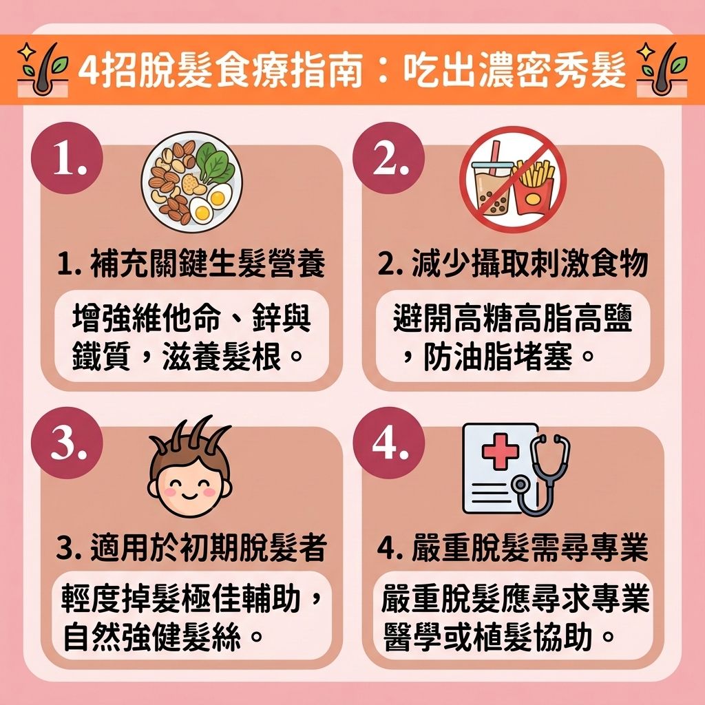 這是一張 1:1 正方形扁平化向量圖，以可愛的台灣健康部落格風格介紹【脫髮食療】與【預防脫髮方法】。想要【解決掉髮問題】並【改善頭髮稀疏】，必須攝取【防脫髮食物】以【補充頭髮營養】。透過進食【豐富蛋白質食物】（如【雞蛋】與【黑豆】），能補充【蛋白質】與【角蛋白】，更可攝取【膠原蛋白】以【滋養脆弱髮絲】。

圖表建議多吃含【鐵質】的【菠菜】來【改善貧血脫髮】，並攝取含【生物素】與【鋅質】的【核桃】、【海帶】，加上【維他命】，幫助【強健脆弱髮根】與【刺激毛囊再生】。結合【中醫脫髮調理】理念，針對【腎虛】與【氣血】不足，推薦食用【黑芝麻】與【何首烏】來【調理肝腎氣血】。

這些營養能【改善頭皮環境】並【平衡頭皮油脂】，保護【頭皮】與【毛囊】，【促進頭皮血液循環】（維持良好的【血液循環】）。藉此【激活休眠毛囊】、【延緩毛囊老化】，達到【減少掉髮數量】、【促進頭髮生長】與【增加頭髮密度】的完美效果！