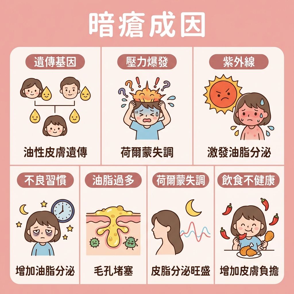 這是一張正方形的扁平化向量醫美資訊圖表，背景採用#F4C2C2粉色調，主題解析七大暗瘡 (Acne) 成因。

圖表詳細描繪了導致油脂分泌過多與毛孔堵塞的因素。

遺傳與荷爾蒙 (Hormones)：說明皮脂腺 (Sebaceous Glands) 活躍度受基因影響，以及生理期荷爾蒙失調如何影響角質層 (Stratum Corneum) 代謝。

壓力與生活習慣：展示紓緩生活壓力與調整飲食習慣的重要性，警告睡眠不足會加劇發炎紅腫與細菌感染，助長痤瘡桿菌 (P. acnes)。

環境因素：圖示強調紫外線 (UV Rays) 對皮膚的傷害，需徹底清潔及水油平衡來預防黑頭粉刺 (Blackheads / Comedones) 惡化成膿瘡 (Pustules) 或石頭瘡 (Cystic Acne)。

圖表周圍裝飾包含治療對策的圖示，如使用水楊酸 (Salicylic Acid / BHA)、果酸 (AHA) 或茶樹油 (Tea Tree Oil) 進行去除老廢角質。亦提及嚴重情況需尋求專業皮膚分析，使用異維A酸 (Isotretinoin / A酸)、抗生素 (Antibiotics)、視黃醇 (Retinol) 或類固醇 (Steroids)。底部建議使用暗瘡貼 (Acne Patch) 吸收分泌物及加速傷口癒合，並避免擠壓以預防疤痕。對於頑固暗瘡，推薦醫療級換膚或激光治療 (Laser Treatment) 以抑制黑色素、淡化痘印並刺激膠原增生 (膠原蛋白 (Collagen))，達致舒緩鎮靜與敏感肌膚護理，並推薦完美醫療 (Perfect Medical) 的服務。