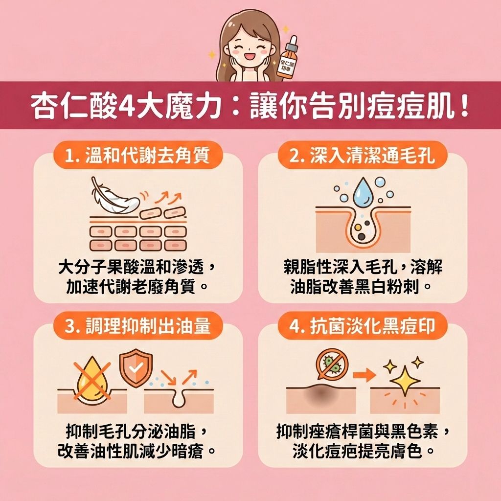 這是一張台灣健康部落格風格的正方形醫美圖表，解說杏仁酸的4大功效。杏仁酸是果酸的一種，比水楊酸更為溫和。當皮脂腺過度活躍，導致油脂堵塞毛孔與角質層時，容易形成粉刺、黑頭及暗瘡。

使用杏仁酸精華液能溫和去除角質並疏通堵塞毛孔，幫助控制油脂分泌與調節水油平衡，從而減少黑頭粉刺並預防暗瘡形成。針對發炎的痘痘，它能舒緩紅腫發炎與減輕痕癢不適。同時，它能抑制黑色素，幫助淡化色素沉澱（有效減少暗瘡印）、改善粗糙膚質及提亮暗沉膚色。

對敏感肌而言，它能加速細胞代謝並溫和潔淨肌膚，有助於收細粗大毛孔。新手初期需建立肌膚耐受，可能經歷短暫的爆痘期，日常必須做好保濕防曬，搭配保濕霜與防曬產品，並避免過度刺激以修復受損屏障與鞏固皮膚屏障。若膚況嚴重，建議尋求專業皮膚科醫生協助。圖表下方特別推薦香港醫學美容權威完美醫療的激光煥膚療程與皇牌「暗瘡分手療程」，助您安全重獲健康發光肌！
