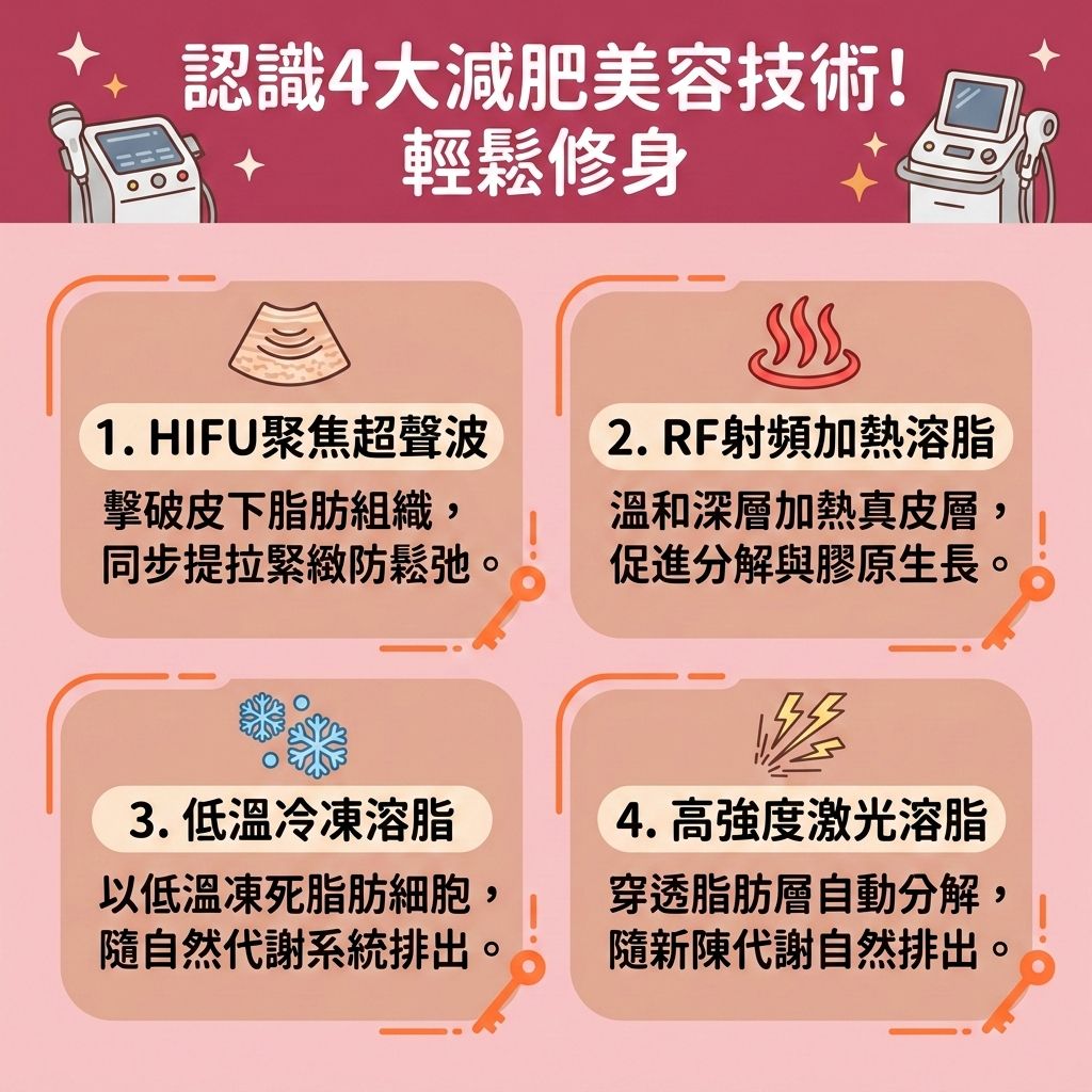 這是一張1:1正方形、台灣健康部落格風格的教育性資訊圖表，詳細介紹四種常見的減肥療程。當我們面臨體重停滯、體脂率居高不下，或是受荷爾蒙影響出現水腫時，除了日常必須控制熱量攝取（精算卡路里）、攝取足夠蛋白質以維持肌肉並預防肌肉流失，以及落實健康體重管理、配合帶氧運動（如規律的帶氧運動）來提升基礎代謝與減少脂肪積聚外，許多人會尋求醫學美容的幫助，以突破減肥停滯期。
圖中展示了多種安全無痛減肥的專屬瘦身方案與局部減脂療程。利用先進的無痛溶脂技術，例如超聲波、射頻、冷凍溶脂及激光溶脂，能夠精準進行醫美定位修形。這些技術能有效燃燒體內脂肪、消除頑固脂肪（破壞深層脂肪），並透過促進血液循環（加強血液循環）與活化淋巴來疏通淋巴排毒。除了加速新陳代謝，更能有效改善水腫問題。療程中還能刺激膠原增生（補充膠原蛋白），達到收緊鬆弛肌膚與塑造緊緻線條的雙重效果。香港完美醫療提供專業評估，助您輕鬆擁有完美體態！