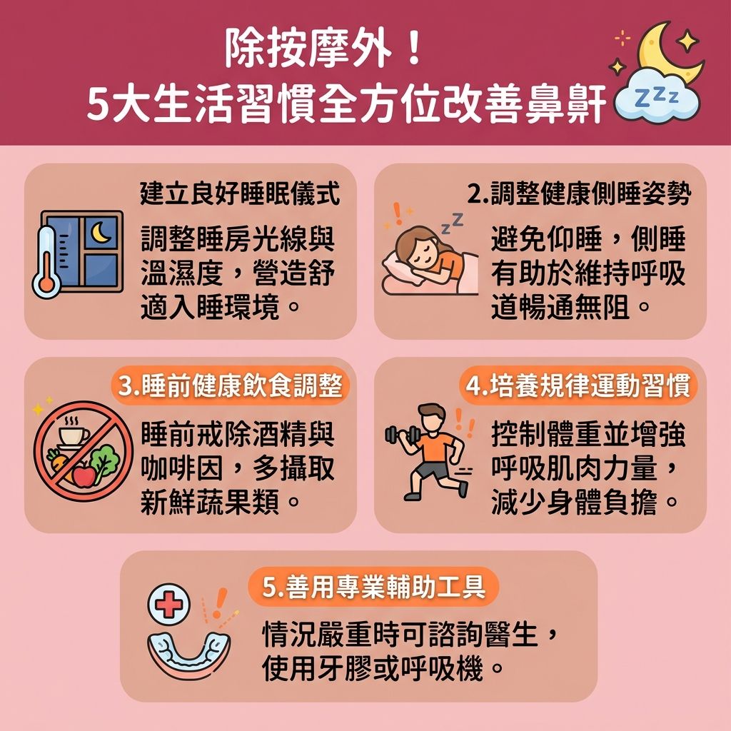這是一張台灣健康部落格風格的 1:1 正方形扁平化資訊圖表，教導大家實用的【物理止鼾方法】與【解決鼻鼾方法】。透過【中醫】的【穴位】【按摩】（包含正確的【穴位按壓技巧】與【睡前按摩放鬆】），能有效【疏通經絡氣血】與【促進面部血液循環】，是極佳的【中醫調理鼻鼾】方式。

圖表圖文並茂地展示了【迎香穴】（位於【鼻翼】旁）、【印堂穴】等四大穴位。進行【穴位按摩通鼻塞】能【緩解鼻塞流涕】並【舒緩鼻敏感症狀】，徹底拯救受【鼻敏感】與【鼻塞】困擾的【鼻腔】。當體內【氣血】與【經絡】暢通，便能【放鬆喉嚨肌肉】，避免【舌頭】與【軟顎】等【肌肉】過度緊繃，有效【改善呼吸道阻塞】並【保持呼吸道暢通】（暢通【呼吸道】與【喉嚨】）。

這不僅能幫助【改善用口呼吸】，更能【降低鼻鼾頻率】與【減少打呼嚕】。對於頻繁打【鼻鼾】甚至有【睡眠窒息症】風險的人而言，此舉能預防睡夢中缺乏【氧氣】，進而【預防睡眠呼吸中止】。長期堅持能【提升睡眠質素】（全面【改善睡眠質素】）與優化【睡眠】體驗，最終成功【減輕日間疲倦】。
