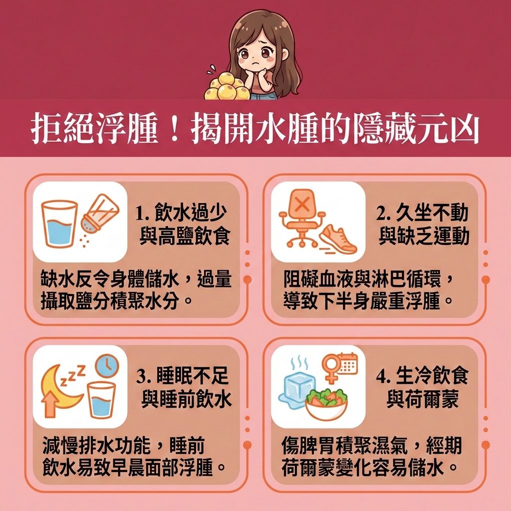 這是一張台灣健康部落格風格的16:9醫美資訊圖表，幫助大家找出水腫元凶並消除面部浮腫與消除下半身水腫。圖中的長髮女生正因水腫而苦惱。日常過多鹽分與鈉質會導致水分滯留，我們應減少鈉質攝取，並多補充鉀質以排除體內多餘水分與促進水分排出。

針對濕氣重與荷爾蒙變化引起的浮腫（如改善經期水腫），建議飲用去濕茶飲（如紅豆水、薏米水、含咖啡因的黑咖啡或綠茶）來幫助利尿。久坐容易引起靜脈曲張，要舒緩久坐浮腫與改善靜脈曲張，每晚可做睡前抬腿動作來改善血液回流。

日常必須配合帶氧運動（如規律帶氧運動）以提升新陳代謝（促進新陳代謝）、加強血液循環（促進血液循環與促進微循環），並活化淋巴系統以疏通淋巴排毒。此外，透過針對性的穴位進行按摩（按摩去水腫穴位），能有效舒緩雙腿浮腫並預防水分滯留。若尋求醫學美容協助，香港完美醫療提供專業的醫美去水腫療程，助您輕鬆回復輕盈體態！