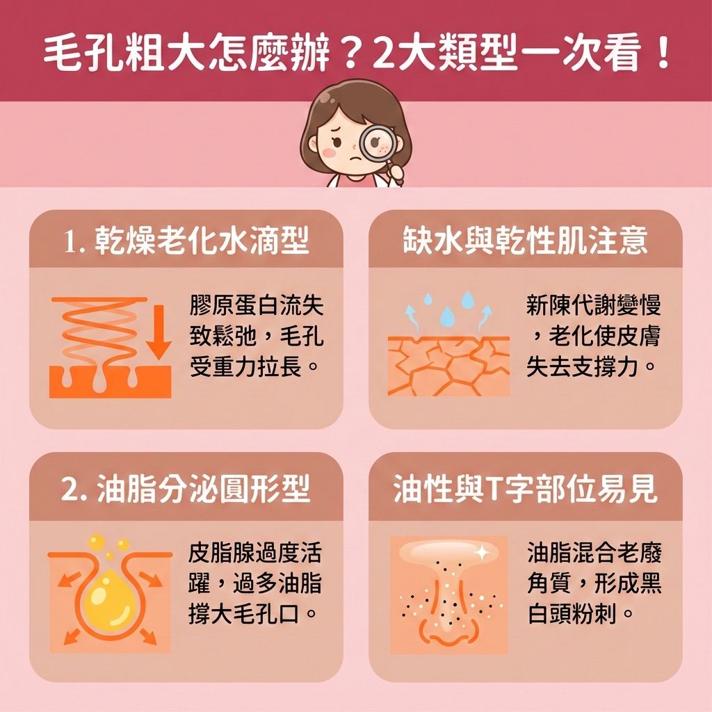 這是一張台灣健康部落格風格的醫美圖表，解釋兩大毛孔粗大類型。當體內荷爾蒙失衡，特別是患有多囊卵巢症導致雄性激素過高，這不僅是美人生鬚原因，造成女孩煩惱的女生長鬍子與面部雜毛（如唇毛、面毛），還會刺激油脂過度分泌，混合角質層後嚴重撐大毛孔。

為了解決毛孔與毛髮問題，許多人想去除小鬍子，但若誤用剃刀、脫毛膏或看錯剃鬚膏推薦，容易留下礙眼的鬚根與粗硬毛髮，甚至引發需要做毛髮倒生處理的危機。為了避免毛囊炎並有效收細毛孔，尋找專業的脫毛公司進行全身脫毛或比基尼線護理是最佳選擇。

在搜尋脫面毛邊間好、激光脫毛價錢、脫毛療程比較與學生脫毛優惠時，請留意專業治療師操作的脫毛儀器。透過755nm或808nm波長精準擊碎毛囊內的黑色素，配合原廠冷凍劑，即便是敏感肌也能享受無痛激光脫毛。這不僅能達到理想的永久脫毛效果，還能改善色素沉澱。只要做好脫毛後護理，觀察良好的激光反應，就能有效避免激光脫毛副作用，同時透過激光脫毛的熱能幫助緊緻肌膚，真正實現平滑細緻的美肌！