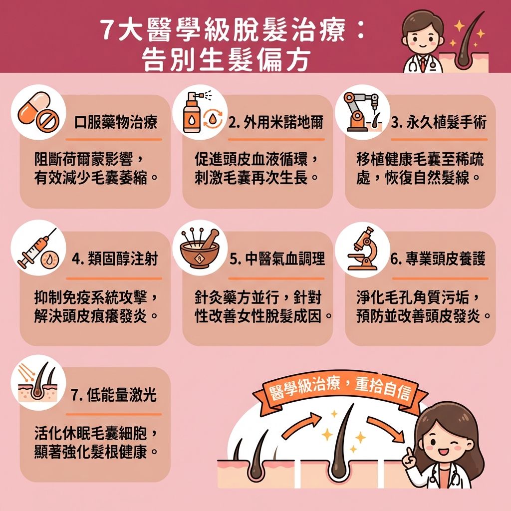 這是一張呈現台灣健康部落格風格的 1:1 正方形扁平化向量資訊圖表，旨在提供專業的脫髮治療方法建議。圖表詳細解析了針對雄性禿與女性脫髮成因（包括常見的產後脫髮原因與荷爾蒙失調脫髮）的醫學對策，幫助患者改善頭髮稀疏並預防髮線後移。

圖中列舉了七種生髮療程推薦：第一，口服藥物阻斷破壞毛髮健康的荷爾蒙與雌激素；第二，外用藥水促進頭皮血液循環（改善血液循環）；第三，FUE植髮將後枕部毛囊移植至前額；第四，注射類固醇治療斑禿並舒緩頭皮敏感；第五，中醫透過針灸與補充頭髮營養（如蛋白質與鐵質）來應對壓力性掉髮；第六，進行頭皮深層清潔以去除角質、暢通毛孔與皮脂腺，針對脂漏性皮炎護理與頭皮濕疹治療，解決頭皮痕癢並改善頭皮發炎，防止真菌或炎症滋生；第七，使用低能量激光刺激毛囊生長。

這些方法均由專業醫生驗證，能有效達成毛囊萎縮改善、增加頭髮密度並大幅減少掉髮數量。日常配合醫學級洗頭水與護髮素進行護理，能全面強化髮根健康，協助患者告別不實偏方。
