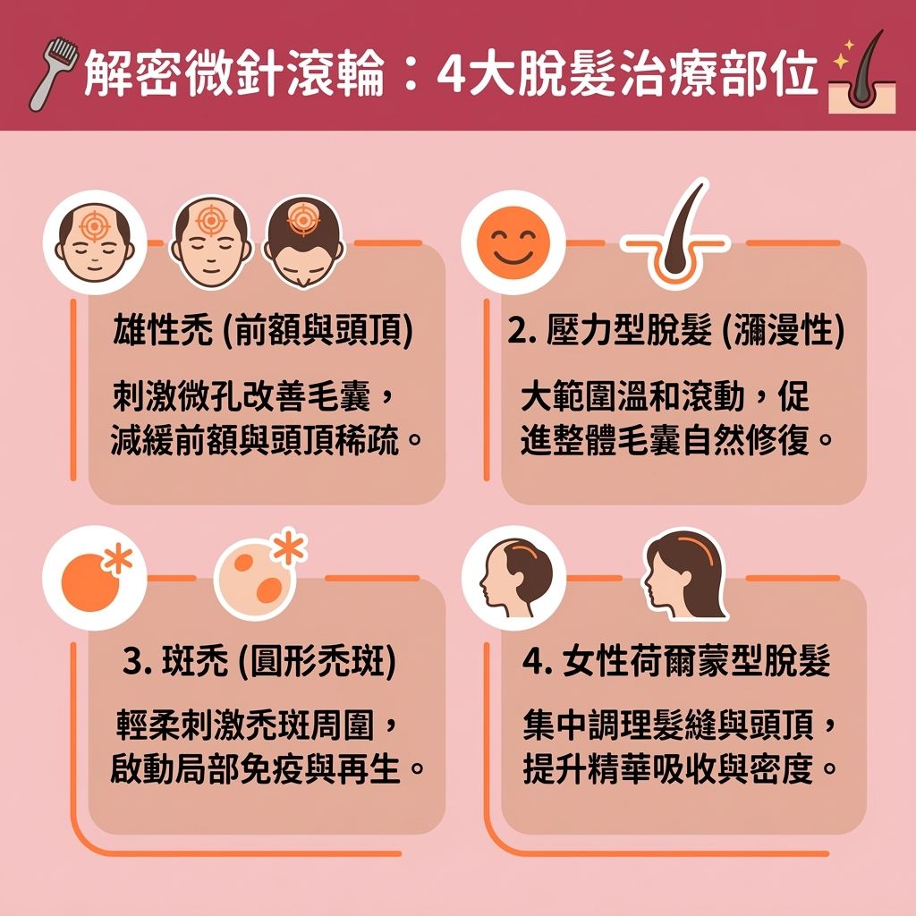 這是一張台灣健康部落格風格的 1:1 正方形扁平化資訊圖表，詳細解說微針滾輪用法及其在頭皮微針護理上的應用。圖表展示了微針與滾輪如何透過微創技術穿透角質層直達真皮層，不僅能刺激膠原蛋白增生（產生膠原蛋白）與加速新陳代謝，還能促進頭皮血液循環（改善血液循環），從而刺激毛囊生長與喚醒休止期毛囊。這對於治療雄性禿脫髮、對抗雄性禿與一般脫髮，甚至解決髮線後移及改善頭髮稀疏都有顯著的微針生髮效果。

圖中強調了增加生髮液吸收的重要性，指出配合生髮水、幹細胞、生長因子或配合外泌體生髮（使用外泌體）能大幅提升吸收率，進一步修復受損頭皮、延長毛髮生長期並強健毛囊與頭皮。為了確保安全並減少炎症與微針生髮痛楚，圖表提醒大眾在參考家用微針滾輪推薦及了解微針滾輪長度選擇時，必須注重微針滾輪清潔消毒（做好消毒工作）以避免微針生髮副作用。若有疑慮，建議尋求皮膚科醫生的專業意見，並進行微針生髮療程比較，以選出最適合自己的生髮方案。