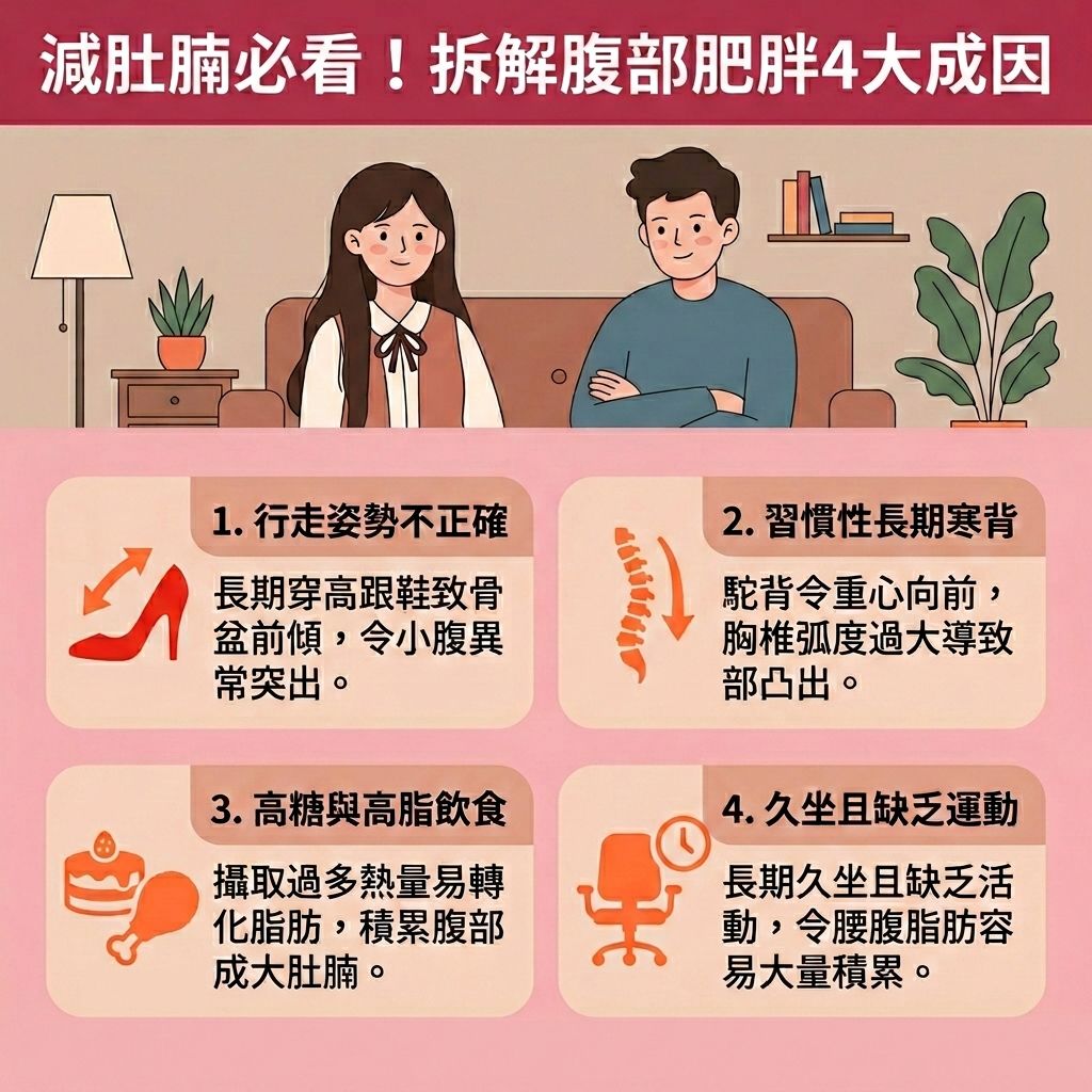 這是一張台灣健康部落格風格的 1:1 正方形醫美資訊圖表。圖中的長髮女生站在男生的場景中(面部表情保持不變),正在尋找減去大肚腩的方法。造成大肚腩的原因很多,不良姿勢需要糾正骨盆前傾(保護骨盆)來改善假肚腩。飲食上若攝取過多卡路里與精緻碳水化合物,會增加皮下脂肪與內臟脂肪。我們應控制熱量攝取,多補充蛋白質與膳食纖維,以促進腸胃蠕動、排清體內毒素與改善消化不良,有效預防宿便與腸胃問題。
久坐不動易引起水腫,為改善下半身水腫,必須配合帶氧運動(如規律帶氧運動)來增加肌肉與腹肌,並鍛鍊核心肌群(強化核心肌群)。這能提升基礎代謝與整體新陳代謝,減少脂肪積聚,有效燃燒內臟脂肪與消除腹部脂肪,最終塑造平坦小腹與收緊腹部線條。
若想對付深層頑固脂肪,可選擇醫學美容的局部減脂療程。香港完美醫療提供專業的醫美定位修形,採用先進的無痛溶脂技術與頂尖溶脂科技,為您消除頑固脂肪,輕鬆重獲健康體態!