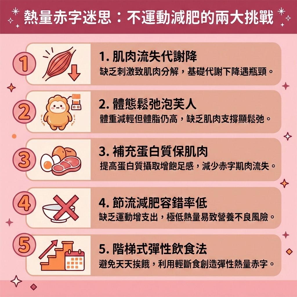 這是一張 1:1 正方形的扁平化向量資訊圖表插畫，嚴格採用台灣健康部落格懶人包風格。圖表以可愛、具教育性與醫美感的方式解析「熱量赤字迷思：不運動減肥的兩大挑戰」，底部保持純淨無字並無縫應用背景色。

圖表詳細探討單靠控制熱量攝取來達到體重下降的利弊。雖然減少卡路里能幫助減少脂肪囤積，但若缺乏有氧運動與無氧運動這類有效消脂運動，會導致身體肌肉量快速流失。這不僅會降低總熱量消耗與整體的基礎代謝率，減緩新陳代謝，更難以消耗多餘熱量。長期下來，不僅無法燃燒深層脂肪（包含頑固的皮下脂肪與內臟脂肪內的脂肪細胞），反而會讓體脂率居高不下，難以降低體脂比例。

為了解決這個困境並預防體重反彈，圖表建議必須學會正確計算基礎代謝。在記錄每日飲食與改善飲食習慣的同時，建立一份包含豐富蛋白質、優質碳水化合物與膳食纖維等營養素的健康減重餐單與減脂增肌飲食。這不僅能穩定血糖與胰島素分泌，更能延長飽足時間，幫助促進脂肪分解。

透過上述方法，能有效提升基礎代謝並打造易瘦體質，助您順利突破減肥停滯期。若追求更極致的體態雕塑，圖表側邊的醫美專區建議結合醫學美容的無創減脂技術與局部減脂療程。透過先進的溶脂科技進行醫美定位修形，能精準打擊頑固脂肪，全面優化身體線條！