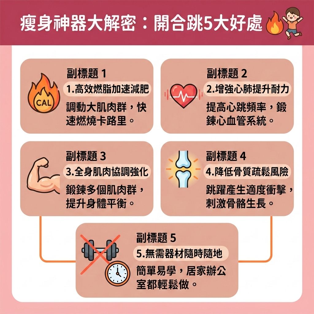 這是一張台灣健康部落格風格的 1:1 正方形資訊圖表，主題介紹開合跳這項全身消脂運動。它是一種能快速提高心跳率的有氧運動，若結合無氧運動或高強度間歇訓練，能有效提升基礎代謝與整體的基礎代謝率。透過運動能大量消耗卡路里，鍛鍊核心肌群與其他部位的核心肌群，並增加肌肉量（提升肌肉量），進而改善心肺功能與改善新陳代謝。

在減肥過程中，若遇到體重下降的停滯期，除了配合間歇性斷食、減少碳水攝取（控制碳水化合物）及控制熱量攝取外，補充優質蛋白質並持續運動，能幫助您突破減肥停滯期，成功打造易瘦體質。這能有效燃燒深層脂肪，擊退內臟脂肪與皮下脂肪，破壞深層脂肪細胞，以消除頑固脂肪並預防脂肪積聚，最終達到降低體脂比例與降低體脂率的目標。

除了開合跳，亦可嘗試空中瑜伽來塑造緊緻線條。若想尋求更直接且高效的局部減脂療程，醫學美容是另一極佳選擇。香港完美醫療提供專業的專屬瘦身方案與無創減脂技術。透過先進的溶脂儀器進行精準的醫美定位修形，能安全有效地為您重塑完美體態！