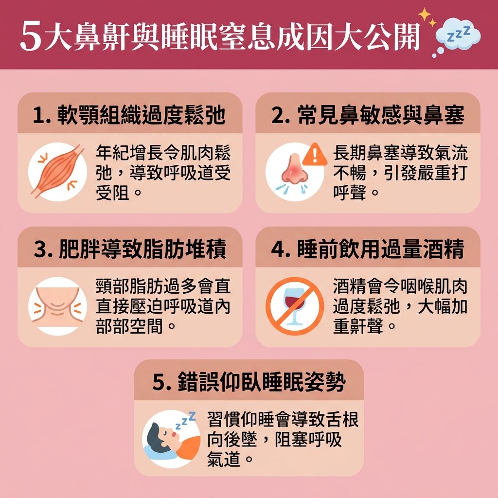 這是一張台灣健康部落格風格的 1:1 正方形扁平化資訊圖表，詳細解說【鼻鼾】與嚴重的【睡眠窒息症】成因，並探討【解決鼻鼾方法】。當【氣流】經過狹窄的【呼吸道】，【軟顎】、【喉嚨】與周圍【肌肉】等【組織】震動便會發出聲響。若不理會，將嚴重影響【睡眠】，因此大眾迫切需要【改善睡眠質素】（【提升睡眠質素】）並【減輕日間疲倦】。針對這些問題，除了側睡等【物理止鼾方法】及【改善用口呼吸】外，若懷疑患病，應前往【診所】尋求【醫生】協助，進行詳細的【睡眠測試診斷】，甚至考慮傳統【手術】。

現今醫學發達，有更多【安全無創技術】可作為【睡眠窒息症治療】的新選擇，例如大受歡迎的【鼻鼾槍】。這項【無創止鼾療程】採用【無痛止鼾技術】，透過特殊【探頭】釋放【激光】【能量】至口腔深層【黏膜】。它能有效【刺激膠原增生】（促進【膠原蛋白】生成），進而【收緊喉嚨肌肉】。此【療程】擁有極佳的【激光止鼾效果】，幫助患者【擴張上呼吸道】、【改善呼吸道阻塞】並【保持呼吸道暢通】，從而【降低停止呼吸頻率】。相比傳統方式，它幾乎沒有嚴重的【副作用】，僅可能出現需要【舒緩喉嚨乾涸】的情況或極輕微的【短暫吞嚥困難】，是現代人告別打呼的理想方案。