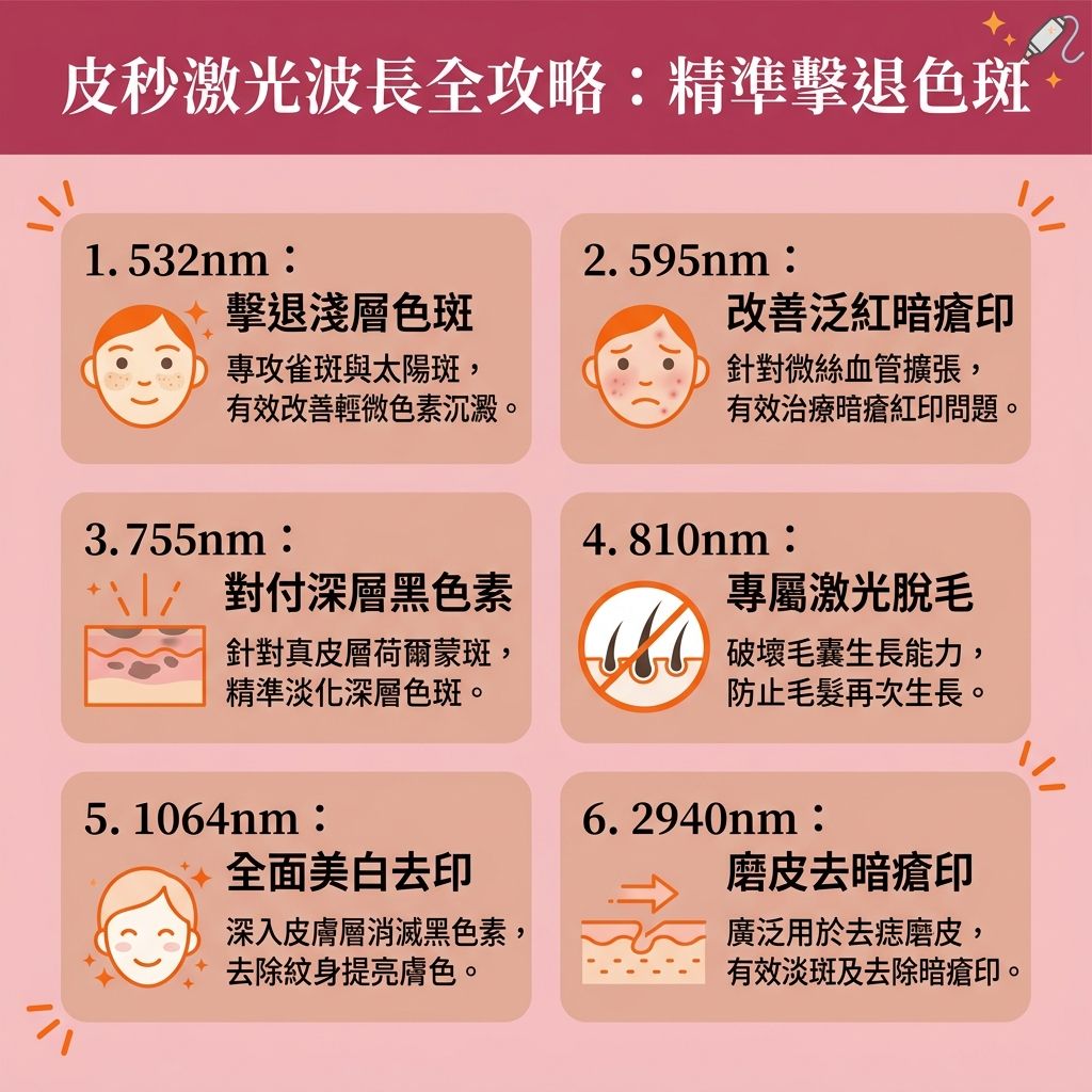 這是一張台灣健康部落格風格的 1:1 正方形扁平化資訊圖表，詳細介紹不同波長的【激光】與【皮秒激光】功效。想要【解決色素沉澱】與【改善膚色不均】，波長並非越長越好。針對位於【角質層】與【表皮層】的【雀斑】、【太陽斑】、【老人斑】等淺層【色斑】，以及位於【真皮層】的【荷爾蒙斑】等深層【黑色素】，需要選擇合適的波長來精準【擊碎深層黑色素】。

透過專業【診所】的【皮秒激光去斑】【療程】，這種【無痛去斑技術】能有效【淡化色斑】與【美白去斑】。它不僅能【去除暗瘡印】（對付【暗瘡印】）、【撫平凹凸洞】（改善【凹凸洞】），還能活化【細胞】以【促進新陳代謝】（加速【新陳代謝】）。同時，光熱效應能【刺激膠原增生】（補充【膠原蛋白】），達到【提升肌膚彈性】、【修復受損肌膚】、【減少臉部細紋】及【收細毛孔】的卓越效果。

在尋找【去斑療程推薦】並了解【激光去斑價錢】時，也需注意潛在的【皮秒激光副作用】。術後務必塗抹溫和的【護膚品】並做好【防曬】，才能有效【阻截黑色素形成】並【降低反黑風險】，維持透亮美肌。