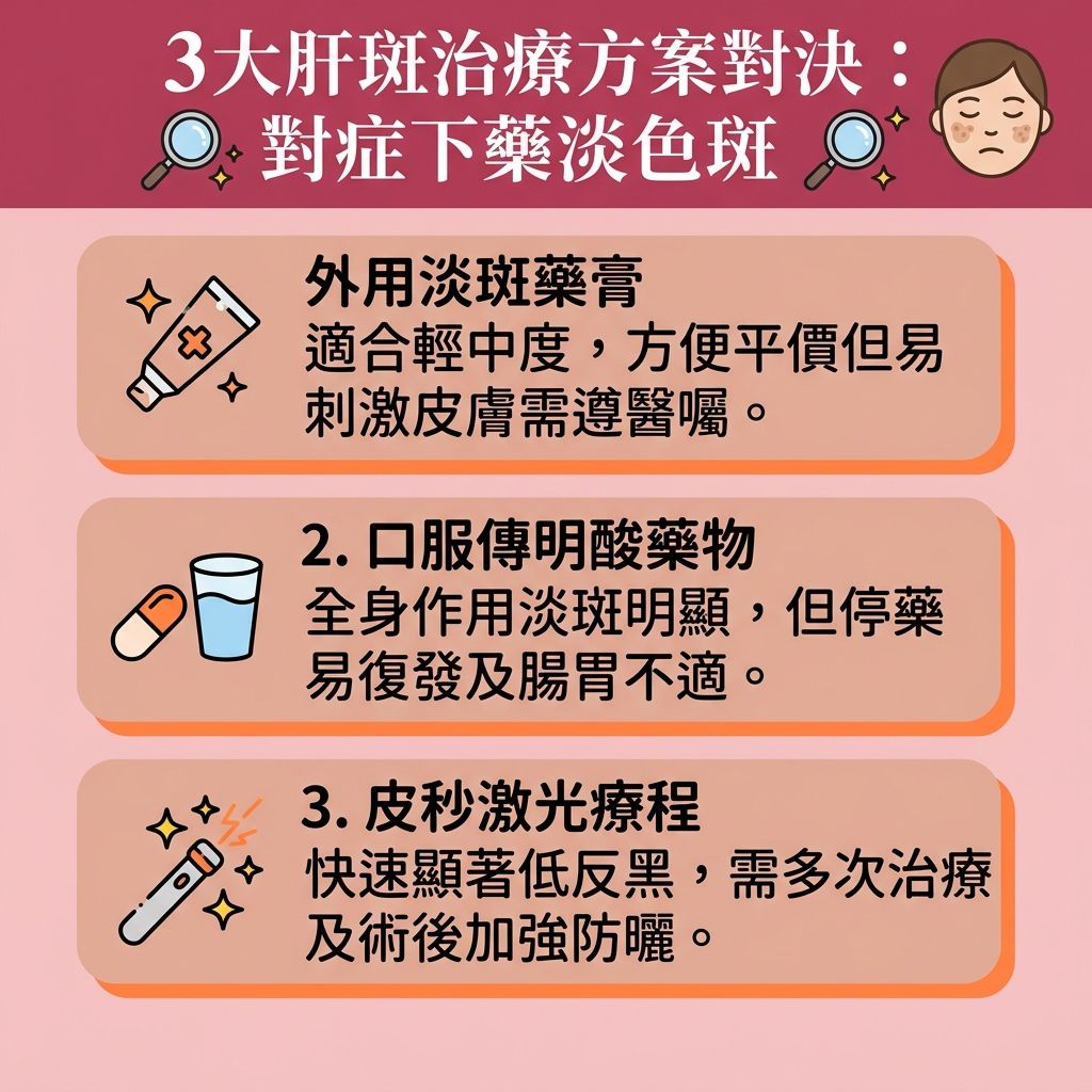 這是一張台灣健康部落格風格的 1:1 正方形扁平化資訊圖表，詳細解說三大【肝斑】（又稱【黃褐斑】或【荷爾蒙斑】）治療方案。探討【肝斑成因】，多與【內分泌失調】（如【孕婦】因懷孕或服用【避孕藥】引起【雌激素】波動）及【紫外線】過度照射有關。這會促使【表皮層】與【真皮層】的【黑色素細胞】異常活躍，產生過多【黑色素】形成【色斑】。

為了【淡化肝斑】與【去除荷爾蒙斑】，圖表比較了三種方法。第一是外用藥膏，常含【熊果素】等成分來【抑制酪氨酸酶】，配合【維他命】來【抵抗自由基】，幫助【改善暗沉肌膚】與【提亮膚色】；第二是口服【傳明酸】，產生全身性淡斑作用；第三則是專業的【皮秒激光】。作為頂級的【去斑療程推薦】，皮秒能精準【擊碎深層黑色素】，帶來顯著的【激光去斑效果】。它不僅能【解決色素沉澱】、【均勻膚色】與【改善膚色不均】，其光熱效應更能【刺激膠原增生】（喚醒肌底【膠原蛋白】），以【修復受損肌膚】。

無論選擇何種療程，為了【預防黑色素沉澱】與【阻截黑色素形成】，日常皆須塗抹【防曬霜】，採取正確的【物理防曬方法】。同時搭配優質【護膚品】來【促進新陳代謝】（加速【新陳代謝】），才能徹底告別斑點。