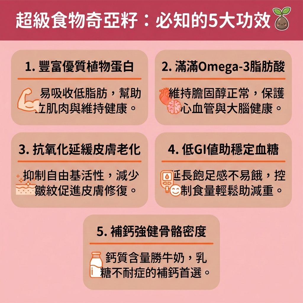 這是一張 1:1 正方形的扁平化向量資訊圖表插畫，設計風格可愛、具教育性且帶有醫美專業感。圖表分為五個主要板塊，背景採用可愛的淺粉紅色底板鋪底，詳細解析了奇亞籽的5大營養功效。

圖表指出，它富含優質蛋白質，適合減脂增肌飲食，幫助維持肌肉量與新陳代謝。同時含有豐富的Omega-3脂肪酸，有助調節膽固醇，減少脂肪細胞囤積。作為一種低卡路里、低碳水化合物的食物，它富含水溶性纖維與膳食纖維，能有效延長飽足時間並增加飽足感。這不僅能穩定血糖與胰島素，還能完美控制熱量攝取與整體熱量。

透過豐富的纖維，能促進腸胃蠕動與幫助排毒清腸宿便，是絕佳的減大肚腩方法。許多人利用奇亞籽食譜結合輕斷食與奇亞籽減肥法，成功提升基礎代謝與整體的基礎代謝率，有效燃燒深層脂肪、改善中央肥胖並消除腹部贅肉。這能幫助突破減肥停滯期，進一步降低體脂比例與體脂率，達成預防脂肪積聚及打造易瘦體質的目標。

若想在飲食控制外更高效地快速瘦小腹與塑造緊緻線條，可結合醫學美容的無創減脂技術、局部減脂療程或專業溶脂技術，達致精準完美的體態管理。底部為純淨留白區域。