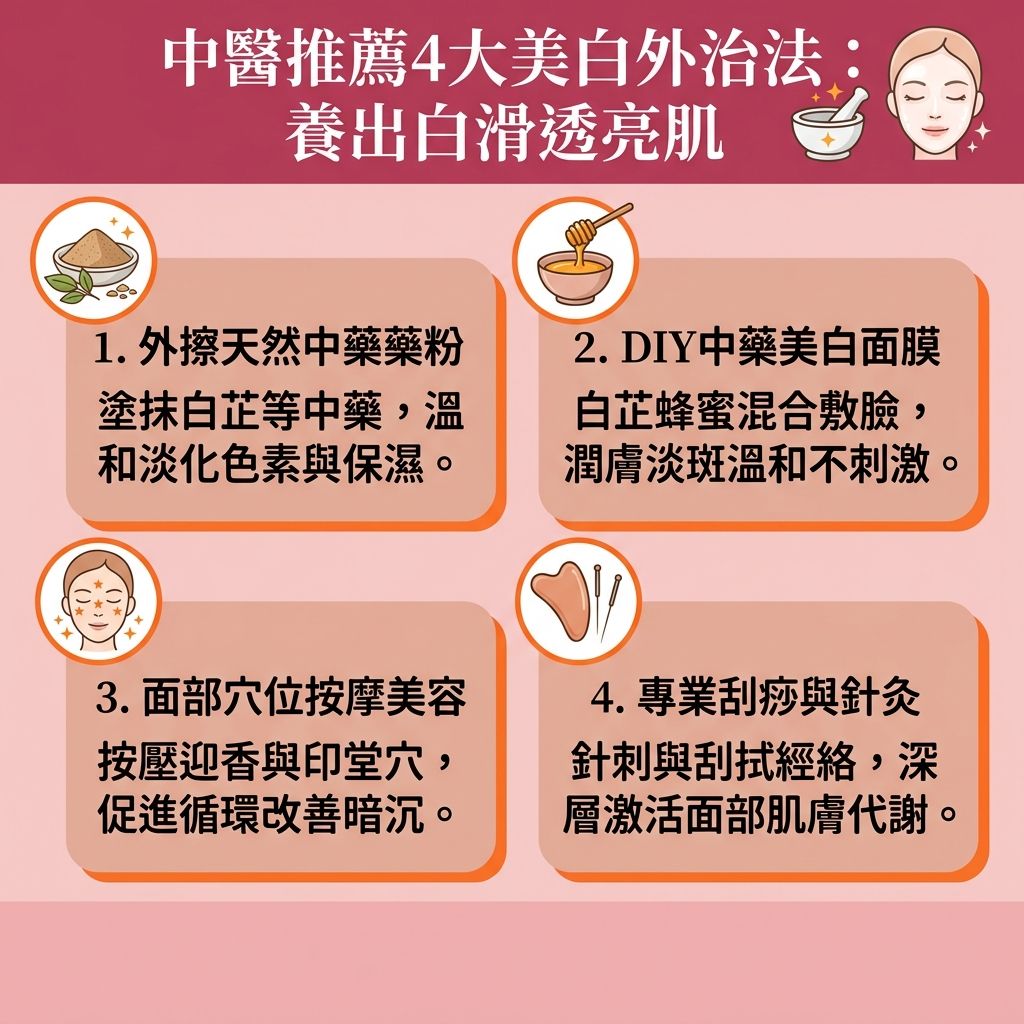 這是一張台灣健康部落格風格的 1:1 正方形扁平化資訊圖表，詳細介紹由專業【中醫】與【醫師】推薦的【中醫美容】與【內調外養】秘訣。面對【紫外線】侵襲所導致的【黑色素】積聚，進而引發【色斑】、【雀斑】與頑固的【黃褐斑】，我們除了透過調理【脾胃】與【肝臟】，以達到【健脾祛濕】、【疏肝理氣】與【滋陰養顏】來【調理體質】外，外治法也同樣關鍵。

圖表展示了如何運用天然【中藥】（例如【白茯苓】、【珍珠粉】、【薏米】與【玫瑰花】）自製【中藥美白面膜】。配合【穴位】按壓（即【穴位按摩美白】），以及透過【針灸】與刮痧刺激面部【經絡】，能有效【活血化瘀】並【促進血液循環】，進而提升【新陳代謝】（【促進新陳代謝】）。

這些療法能暢通【氣血】，精準【擊退黑色素】、【淡化色斑】，達到【預防色素沉澱】與【解決色素沉澱】的功效。長期堅持不僅能【改善暗沉】、【美白去黃】、【提亮膚色】及【改善膚色不均】，更能【改善氣色】並【延緩衰老】。建議尋求專業【診所】的評估與治療，讓美白效果更顯著安全。