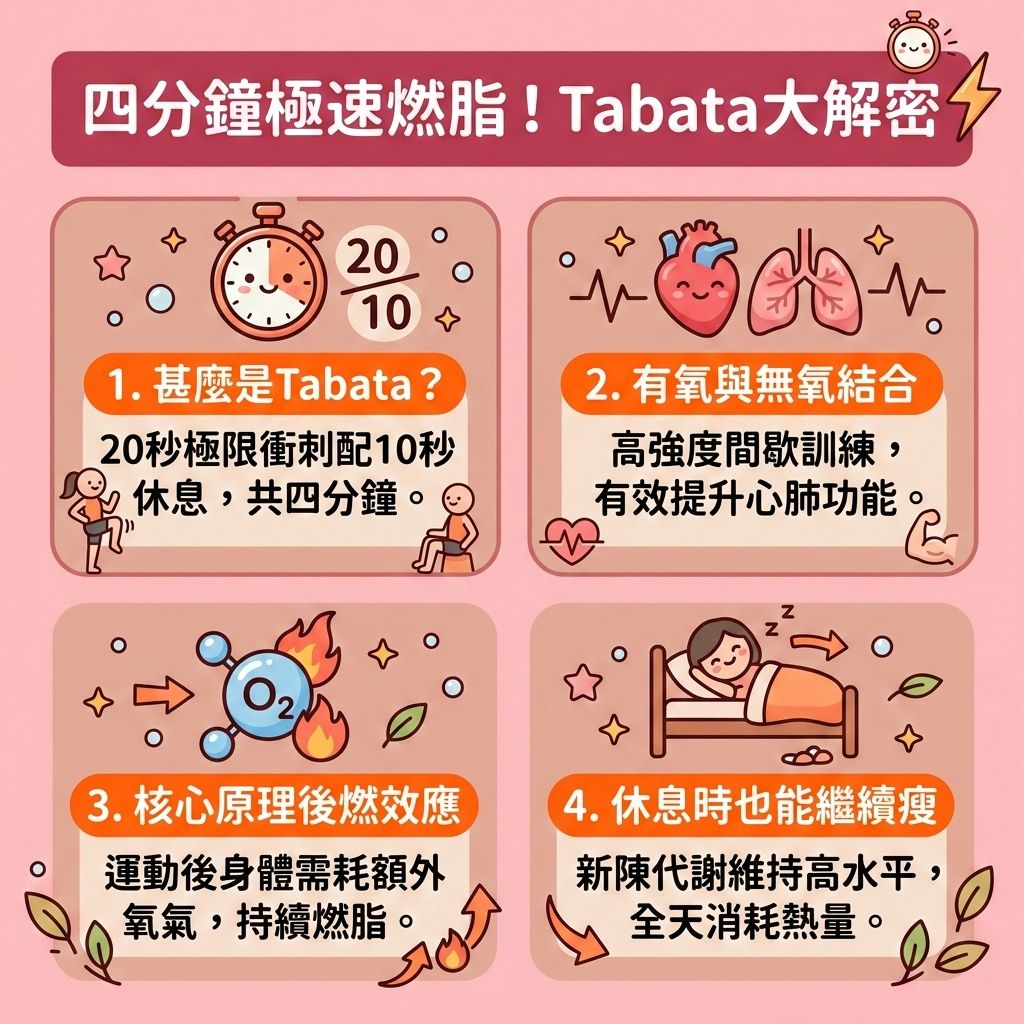 這是一張台灣健康部落格風格的 1:1 正方形教育性醫美資訊圖表，深入介紹塔巴塔（Tabata）這項短時間高效率運動。作為一種高強度間歇訓練，它完美結合了帶氧運動與無氧運動，是非常理想的居家徒手健身選擇。圖表顯示，透過四分鐘極速燃脂的訓練，能迅速提升心跳率與血液循環，有效鍛鍊核心肌群以增加肌肉量，同時改善心肺功能。

訓練的核心在於強大的後燃效應。大量氧氣耗損能加速乳酸代謝（排出乳酸）與促進肌肉修復，保護肌肉不流失。這能顯著提升基礎代謝與整體的基礎代謝率，讓你運動後持續消耗熱量，達到延長燃脂時間的驚人效果。即使在休息時，身體仍能維持高新陳代謝，持續燃燒卡路里，快速燃燒深層脂肪，縮小脂肪細胞，從而降低體脂比例與整體體脂率。

對於想消除頑固脂肪、尤其是難減的大肚腩，或是遇到瓶頸想突破減肥停滯期的人，這能幫助你預防脂肪積聚並塑造緊緻線條。如果搭配專業醫學美容的幫助，例如香港完美醫療提供的專屬瘦身方案與局部減脂療程，利用無創減脂技術與先進的溶脂儀器進行精準的醫美定位修形，絕對能事半功倍，重拾健康與自信！