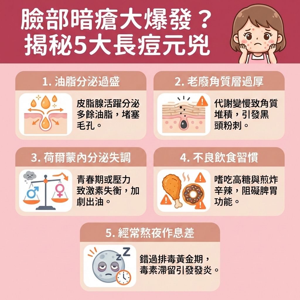 這是一張台灣健康部落格風格的正方形醫美資訊圖表,詳細解析了臉頰、額頭與下巴長暗瘡及痤瘡的五大成因。圖表指出,當內分泌與荷爾蒙失調,或是肝臟與脾胃累積毒素時,會導致皮脂腺異常活躍。若日常未做好徹底清潔皮膚與去除老廢角質,過厚的角質層會導致毛孔堵塞,讓痤瘡桿菌大量繁殖。
為了控制油脂分泌與保持水油平衡,我們必須調整健康作息、改善睡眠質素,並減少進食甜食以達致清熱解毒。日常護理需挑選合適的護膚品與洗面奶來疏通堵塞毛孔,但要避免過度清潔,以保護並增強皮膚屏障(強健的皮膚屏障能抵禦外在侵害)。發炎時需具備抗菌消炎功效以舒緩紅腫發炎,切記要避免擠壓暗瘡以免留疤,並預防毛孔粗大與淡化暗瘡印。透過促進新陳代謝與調節內分泌失調,才能真正改善膚質。若問題嚴重,建議諮詢皮膚科醫生,圖表最後強烈推薦完美醫療的專業醫學美容技術——皇牌「暗瘡分手療程」,助您從根源解決問題,實現長效預防復發!