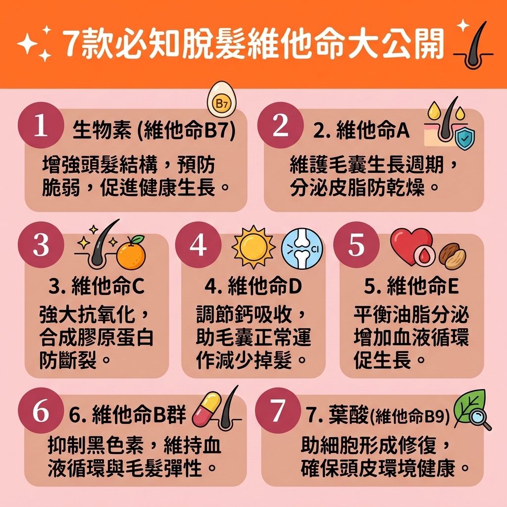 這是一張 1:1 正方形的可愛扁平化向量資訊圖表,教導大眾如何透過【脫髮維他命】作為【預防脫髮方法】來【解決掉髮問題】。
圖中指出,【補充頭髮營養】對【頭皮】與【毛囊】極為重要。攝取【生物素】與【豐富蛋白質食物】(如【雞蛋】與【黑芝麻】),能幫助合成【角蛋白】與【膠原蛋白】,提供必需的【蛋白質】、【鐵質】與【鋅質】。這能【改善貧血脫髮】,幫助製造【紅血球】,並維持良好的【血液循環】以【促進頭皮血液循環】。
為了【改善頭皮環境】與【平衡頭皮油脂】,需要【維他命A】調節【皮脂腺】。而【維他命C】與【維他命E】能【抗氧化防脫髮】並【對抗自由基】,清除傷害頭皮的【自由基】,有助於【延緩毛囊老化】、【滋養脆弱髮絲】與【強健脆弱髮根】。
此外,【維他命D】與【維他命B群】(如葉酸)亦能作為天然的【防脫髮保健品】,幫助【激活休眠毛囊】、【刺激毛囊再生】並【促進頭髮生長】。透過全面補充這些營養,能有效【減少掉髮數量】、【改善頭髮稀疏】並大幅【增加頭髮密度】!