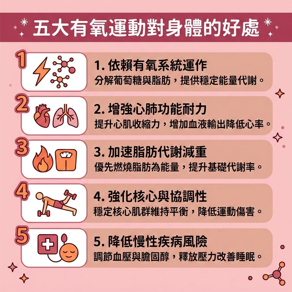 這是一張 1:1 正方形的扁平化向量資訊圖表插畫，嚴格採用台灣健康部落格懶人包風格。圖表以可愛、具教育性與醫美感的方式解析「五大有氧運動對身體的好處」，底部保持純淨無字並無縫應用背景色。

圖表詳細介紹這項有效消脂運動如何提升心肺功能與整體的心肺功能。透過使用跑步機或單車機進行訓練，並控制心跳區間在理想的心跳率內，能大幅促進血液循環。有氧結合高強度間歇訓練，能有效提升基礎代謝與整體的基礎代謝率，加速新陳代謝並消耗大量卡路里。運動過程中，需要穩定核心肌群，這不僅能預防關節勞損保護關節，更能增強肌肉力量與增加肌肉量。

在飲食與減重方面，搭配減脂增肌飲食，控制熱量攝取，攝取適量蛋白質與優質碳水化合物，能有效燃燒深層脂肪，擊退頑固的皮下脂肪、內臟脂肪與脂肪細胞。這是極佳的減大肚腩方法與消除腹部贅肉策略，有助於改善體重指標、控制體重，並大幅降低體脂比例與體脂率，助您突破減肥停滯期，輕鬆打造易瘦體質。

若渴望進一步完美體態，圖表側邊醫美專欄建議可結合醫學美容的無創減脂技術與局部減脂療程。透過專業的溶脂科技進行醫美定位修形，能更高效為您塑造緊緻線條，全方位雕塑健康身型！