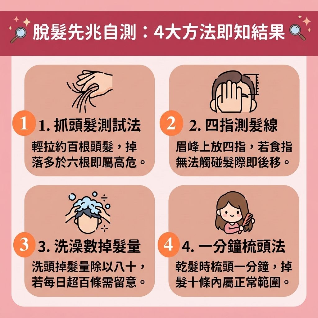 這是一張 1:1 正方形的可愛扁平化向量資訊圖表,採用台灣健康部落格風格,教導讀者檢測【脫髮早期先兆】。圖表解析了【男性脫髮危機】與【女性脫髮原因】,當體內的【睪酮】等【荷爾蒙】異常轉化為【雙氫睪酮】時,會攻擊【頭皮】上的【毛囊】,導致【前額】與【額角】的【髮線】後移,引發【雄性禿】與異常【脫髮】。
透過圖中的四個簡單測試,可以及早發現問題並採取【預防脫髮方法】。若測試發現異常,應及時【改善頭皮環境】,注意【皮脂腺】的【頭皮油脂分泌】,並促進【血液循環】以補充【蛋白質】。
圖中建議了多種應對方案:在初期,可使用含【米諾地爾】的【生髮水】,或口服【非那斯特萊】來【抑制男性荷爾蒙】。此外,搭配【鋸棕櫚】及相關的【鋸棕櫚防脫髮】產品,能幫助【強健脆弱髮根】、【延長生長週期】,並【刺激毛囊再生】與【激活休眠毛囊】,進而【促進頭髮生長】、【增加頭髮密度】並【改善頭髮稀疏】。
若尋求【解決前額脫髮】與【髮線後移治療】,醫學界推薦【專業生髮療程】或【植髮】手術。如果希望快速【遮蓋地中海】,則可選擇【無創增髮技術】如【織髮】或佩戴【假髮】,重拾自信!