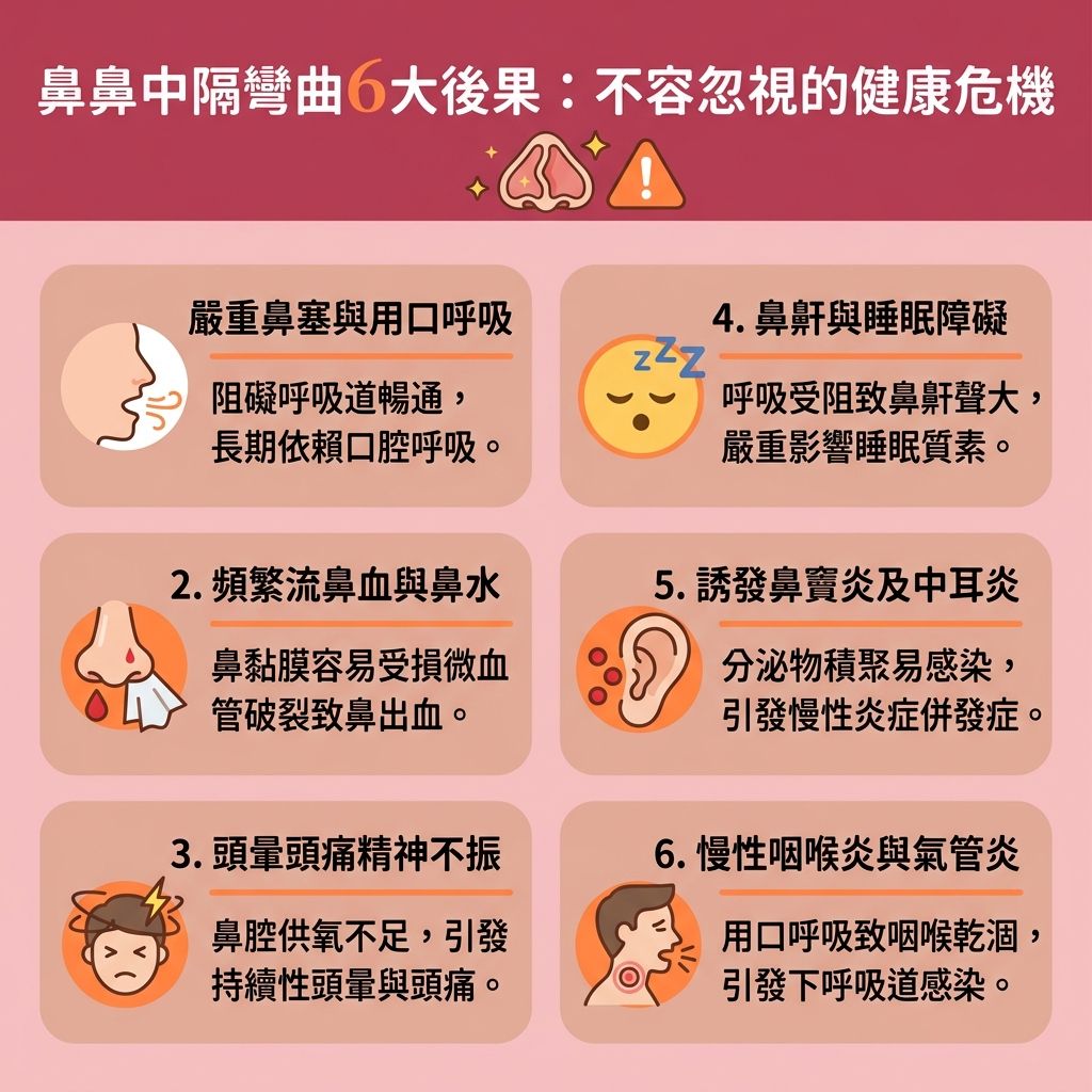 這是一張台灣健康部落格風格的 1:1 正方形扁平化資訊圖表，詳細解說【鼻中隔彎曲症狀】與潛在危機。當鼻部的【骨骼】與【軟骨】【組織】發育異常，這便是常見的【鼻中隔彎曲成因】（或稱【鼻中隔偏曲】）。【鼻中隔】彎曲會導致嚴重的【單側鼻塞】或雙側【鼻塞】，使【鼻腔分泌物增多】，引發【鼻黏膜腫脹】與脆弱的【鼻黏膜】受損，進而造成【鼻出血】與【鼻水】倒流。

這種情況不僅加劇【鼻敏感】與【鼻炎】，更容易誘發【鼻竇炎】。為尋求有效的【慢性鼻竇炎治療】與【舒緩鼻敏感】，必須重視【改善呼吸道阻塞】。當【鼻腔】及整個【呼吸道】受阻，患者常被迫用口呼吸，因此急需【改善用口呼吸】與【舒緩呼吸困難】。夜間睡眠時，氣流不暢會引發嚴重【鼻鼾】甚至【睡眠呼吸中止】（即【睡眠窒息症】），嚴重影響健康。

為了【減少打鼻鼾】並【改善睡眠質素】，尋求正確的【解決鼻塞方法】至關重要。建議前往專業【診所】尋求【醫生】或【耳鼻喉科】的【耳鼻喉科專科診斷】。除了藥物，醫生可能會建議進行【手術】，如利用【內視鏡】輔助的【鼻中隔彎曲手術】或【鼻中隔成形術】。現在的【微創切除手術】（【微創】技術）能精準處理彎曲部位，【術後恢復期】短，能安全有效地解決問題，讓你徹底擺脫呼吸困擾。