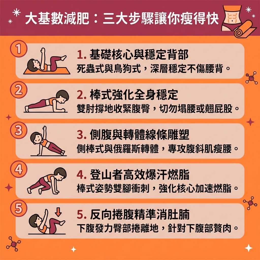這是一張 1:1 正方形的扁平化向量資訊圖表插畫，嚴格採用台灣健康部落格懶人包風格。圖表以可愛、具教育性與醫美感的方式解析「大基數減肥：三大步驟讓你瘦得更快」，底部保持純淨無字並無縫應用背景色。

圖表教導如何設定健康減重目標，並規劃專屬的大基數減重餐單與減脂增肌飲食。首要任務是控制熱量攝取以減少多餘卡路里，多攝取優質蛋白質與低升糖的碳水化合物。這能穩定血糖分泌，幫助控制胰島素並改善胰島素阻抗。正確的飲食能提升基礎代謝與整體的基礎代謝率，加速新陳代謝。

針對體重指標較高的大基數族群，初期建議搭配低強度有氧運動與保護膝蓋運動，以減輕關節負擔，好好保護關節與軟骨。循序漸進結合有氧運動與適度阻力訓練，不僅能提升心肺功能、促進血液循環，還能改善水腫並消除下肢水腫。這套策略能精準燃燒深層脂肪，擊退頑固的脂肪細胞、內臟脂肪與皮下脂肪，有效降低體脂比例與體脂率。只要堅持，就能順利突破減肥停滯期，預防體重反彈，輕鬆打造易瘦體質。

若在減重後期遇到瓶頸，圖表側邊醫美專區建議結合醫學美容的無創減脂技術與局部減脂療程。透過先進的溶脂科技進行醫美定位修形，能進一步改善皮膚鬆弛，讓您的瘦身成果更加完美緊緻！