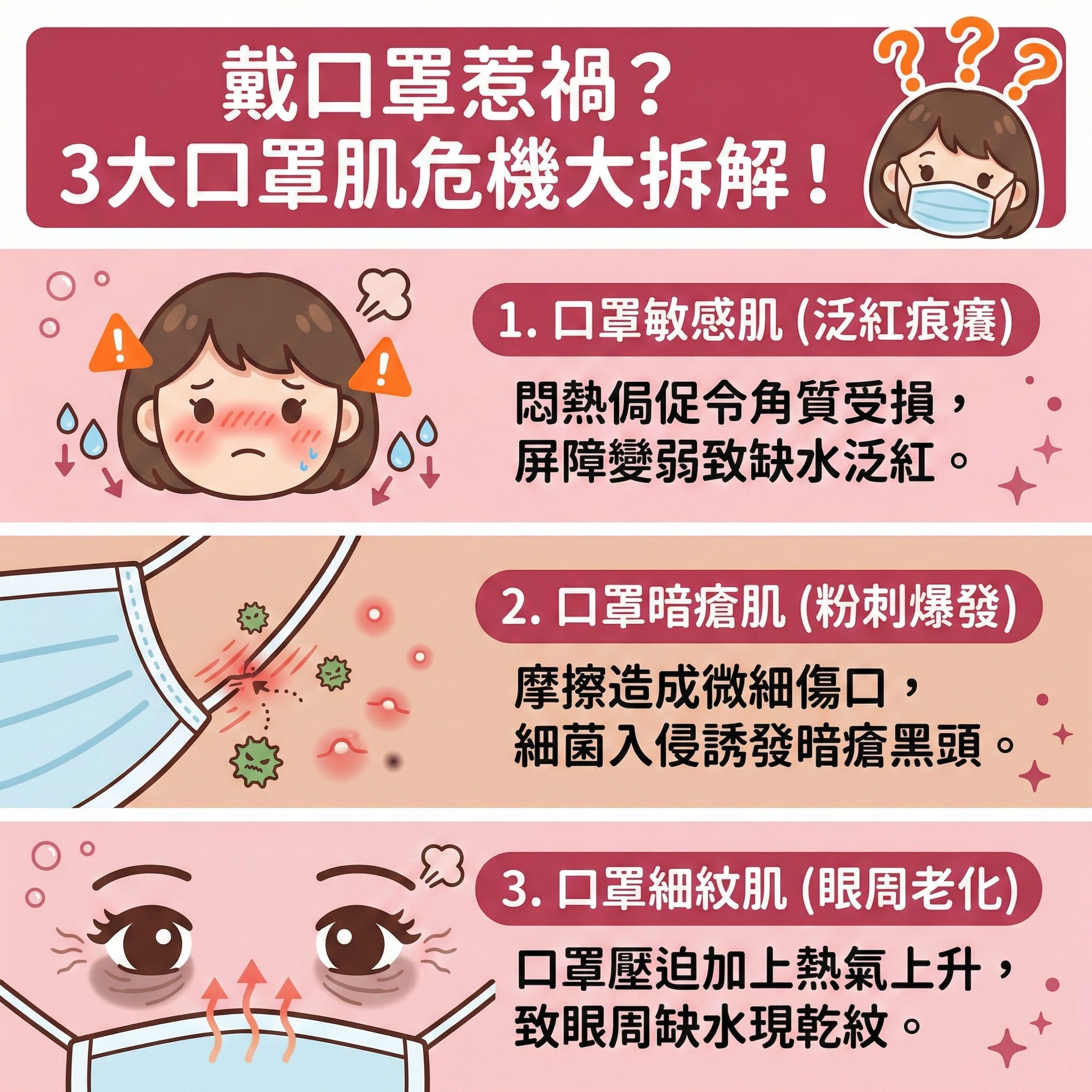 這是一張正方形扁平化醫美資訊圖表，主題為解析戴口罩引發的三大口罩肌問題。圖表上方顯示長時間佩戴會讓汗水與油脂積聚，影響皮脂腺與角質層。

第一種是敏感肌，悶熱環境破壞了皮膚屏障，容易引發濕疹與玫瑰痤瘡，需要及時修復屏障、舒緩敏感及改善泛紅，日常應做好鎖水保濕並定期更換口罩以保持乾爽。第二種是暗瘡肌，因摩擦產生微小傷口，令細菌入侵，導致毛孔堵塞，長出粉刺與黑頭。建議透過深層清潔與溫和潔面來疏通毛孔、軟化角質及抑制油脂分泌。護理上需消炎殺菌與預防發炎，並盡量減輕摩擦。第三種是眼周細紋，呼出的熱氣加速水分流失。為減輕肌膚負擔，應簡化護膚程序，塗抹護膚品與防曬時要避免厚重底妝，以達致水油平衡。

若想徹底解決肌膚困擾，圖表強烈推薦完美醫療的專業暗瘡分手療程，療程不僅能針對性解決問題，更能刺激膠原增生，長效預防復發，重拾健康膚質。