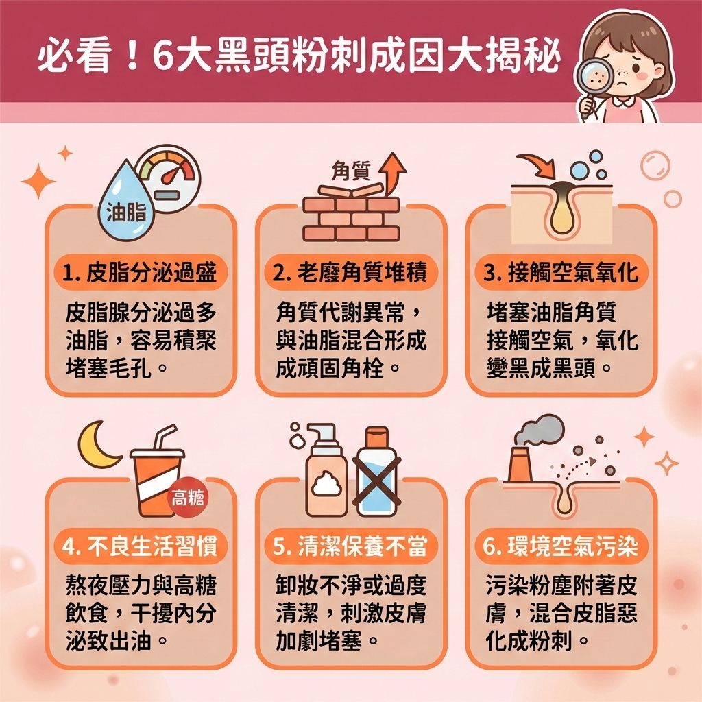 這是一張台灣健康部落格風格的正方形醫美資訊圖表，詳細描述6大黑頭與粉刺成因。插畫中一個可愛女孩正苦惱地看著鏡子。圖表指出，當皮脂腺失控分泌過多油脂，加上角質層代謝異常，容易形成閉口與粉刺。若暴露空氣氧化就會變黑。環境污垢與不當保養更會加劇問題，引發暗瘡。

為了預防暗瘡形成與減少黑頭粉刺，我們必須深層清潔毛孔。日常需用卸妝油來徹底卸除彩妝，並用洗面乳溫和潔淨肌膚，但切記避免過度清潔以保護並修復受損屏障，這有助於舒緩紅腫發炎。針對頑固粉刺，可適度使用含果酸、水楊酸或杏仁酸的護膚品，甚至搭配深層泥膜，能有效去除老廢角質、溶解堆積油脂並疏通堵塞毛孔。

清理時千萬要避免過度擠壓，正確使用凡士林或鼻貼可以溫和導出黑頭。若有局部發炎，可貼上微針暗瘡貼保護。良好的保養能控制油脂分泌、調節水油平衡、促進細胞代謝，進而改善粗糙膚質與緊緻粗大毛孔（收細毛孔）。若問題遲遲未改善，應尋求專業皮膚科醫生協助。圖表最後強烈推薦專業的醫學美容項目，包含激光去印療程與皇牌「暗瘡分手療程」，助你徹底告別草莓鼻！