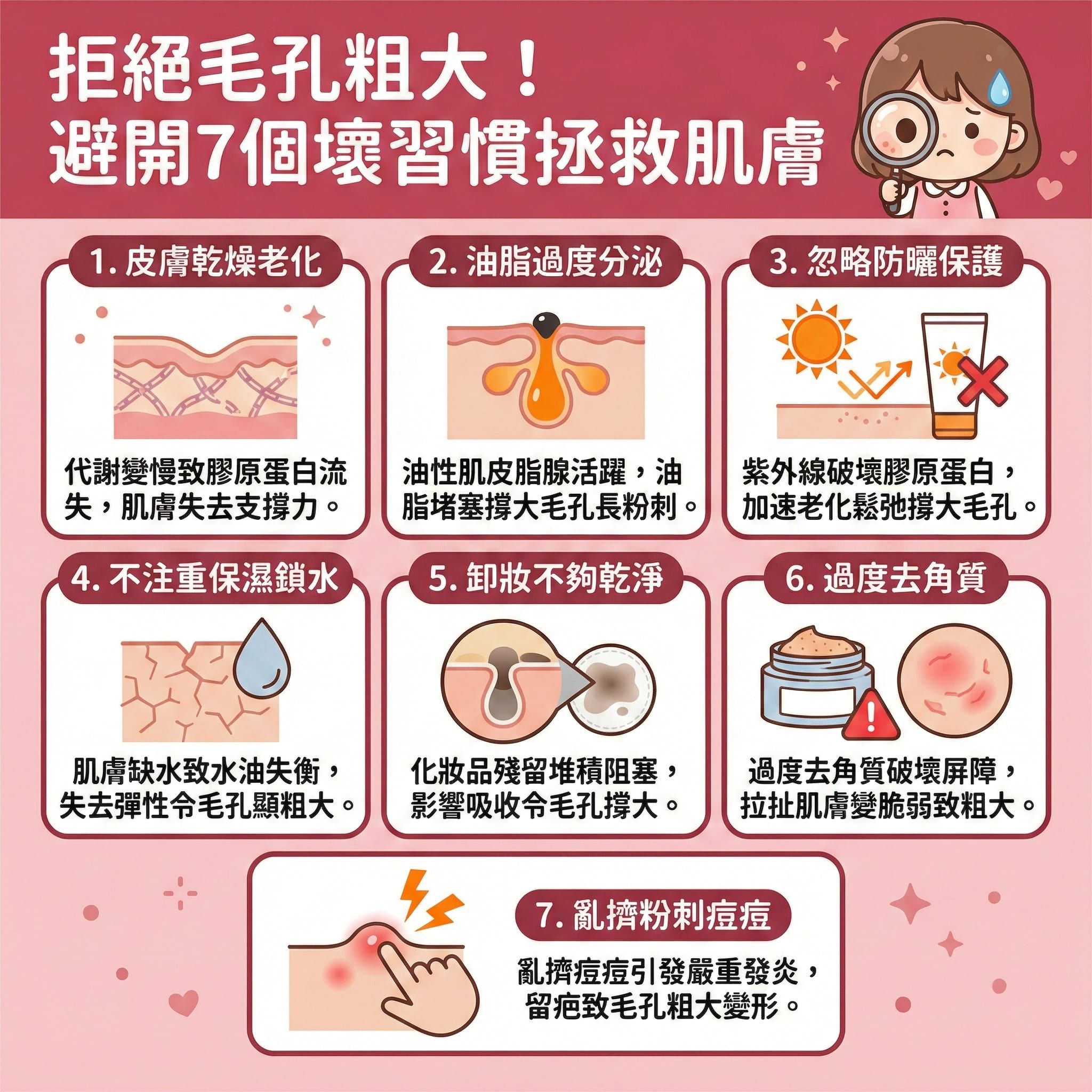 是一張正方形扁平化醫學美容資訊圖表，教導如何改善毛孔粗大。圖表指出，受荷爾蒙影響或清潔不當，皮脂腺過度活躍會產生黑頭、粉刺及暗瘡。若未能徹底卸妝與深層清潔，會造成毛孔堵塞。另外，紫外線產生的自由基會加速皮膚老化，破壞膠原蛋白與彈性纖維。

日常護理建議使用含水楊酸或果酸的產品來溫和去角質與溶解黑頭，從而疏通毛孔及預防堵塞。同時要注重保濕鎖水（如補充透明質酸）與做好防曬保護，以達致水油平衡、控制油脂分泌與修復皮膚屏障。切忌亂擠痘痘以免留下凹凸洞。

為達致延緩衰老與改善粗糙膚質，圖表推薦透過專業療程如激光治療來促進新陳代謝、刺激膠原增生、緊緻肌膚並提升彈性。強烈建議體驗完美醫療的專業暗瘡分手療程，有效淡化暗瘡印、收細毛孔，為您重塑平滑與健康的角質層。