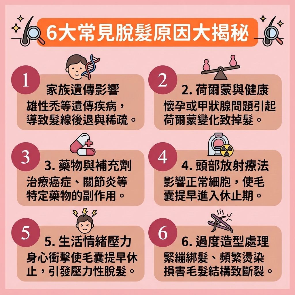這是一張 1:1 正方形的可愛扁平化向量資訊圖表，呈現台灣健康部落格的醫美風格，詳細解說【脫髮】的六大原因。圖表指出，當【荷爾蒙】改變（如探討【產後脫髮成因】）或體內【睪酮】異常轉化為【雙氫睪酮】時，會強烈攻擊【頭皮】的【毛囊】，導致【生長期】縮短並提早進入【休止期】，進而引發【雄性禿】與【斑禿】。若【皮脂腺】異常堵塞發炎，更易誘發【頭瘡】危機。

為了落實【預防脫髮方法】並【改善頭皮環境】，圖中建議日常需做好【頭皮深層清潔】，謹慎【選擇防脫髮產品】與優質的【防脫髮洗髮露】。透過適當的頭皮按摩來【促進頭皮血液循環】（維持良好的【血液循環】），能有效【延緩毛囊萎縮】。飲食上應多攝取【蛋白質】、【鐵質】、【鋅質】與【維他命】，以合成【角蛋白】並【補充頭髮營養】，幫助【強健脆弱髮根】。

若要【解決前額脫髮】並【改善髮線後移】，除了使用含藥性【生髮水】來【抑制男性荷爾蒙】外，亦可尋求【專業生髮療程】的幫助。這些專業對策能【激活休眠毛囊】、【刺激毛囊再生】並【延長生長週期】，達到【減少掉髮數量】、【改善頭髮稀疏】與【增加頭髮密度】的終極目標。若毛囊已嚴重受損，