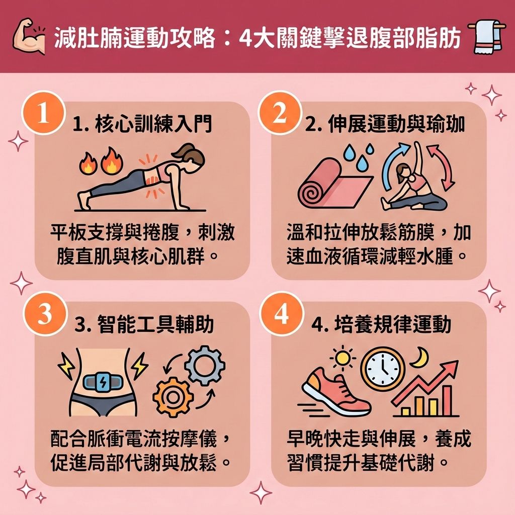 這是一張採用台灣健康部落格風格的 1:1 正方形扁平化向量資訊圖表，排版分為四個帶有可愛圖示的圓角矩形區塊，背景為淺粉紅，介紹「減肚腩運動攻略」。
圖表詳細說明四大運動步驟來幫助您「快速瘦小腹」並「消除腹部贅肉」。首先，透過平板支撐等鍛鍊「核心肌群」與「腹直肌」，有助縮小「脂肪細胞」，減少「皮下脂肪」與「內臟脂肪」，「改善中央肥胖」甚至預防「脂肪肝」。其次，搭配瑜珈可減輕「水腫」，並「促進腸胃蠕動」，幫助「排毒清腸宿便」。
配合智能工具與規律運動，能有效「提升基礎代謝」與「基礎代謝率」，加速「新陳代謝」，不僅能「延長燃脂時間」與「燃燒深層脂肪」，更是極佳的「減大肚腩方法」，助你「突破減肥停滯期」。
在運動之外，應配合「熱量赤字」，「控制熱量攝取」與「調節飲食結構」。採用「減脂增肌飲食」，多攝取「蛋白質」與「膳食纖維」，減少精緻「碳水化合物」，有助於穩定「血糖」與「胰島素」，調節「荷爾蒙」，甚至可搭配「輕斷食」來「改善睡眠質素」。
這些習慣能從根本「降低體脂比例」與「體脂率」，「預防脂肪積聚」，「打造易瘦體質」與「塑造緊緻線條」。若希望達到極致效果，亦可考慮「醫學美容」的「局部減脂療程」或「無創減脂技術」（如「溶脂」），透過專業醫美定位修形，安全重塑完美體態！