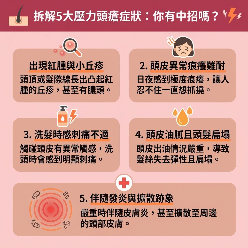 這是一張台灣健康部落格風格的 1:1 正方形扁平化資訊圖表，詳細描述了頭瘡的常見症狀與頭瘡解決方法。現代人常因壓力與睡眠不足導致熬夜生頭瘡或壓力大生頭瘡，這會影響內分泌與荷爾蒙，引發荷爾蒙失調頭瘡。同時，免疫力下降（免疫系統變弱）會減慢新陳代謝，令皮脂腺過度分泌，結合汗水與老廢角質，容易滋生細菌與真菌。這不僅會造成頭皮的毛囊阻塞與發生炎症，引發需要毛囊炎治療的危機，甚至會加劇脫髮風險。

為改善頭皮發炎與尋求頭皮痕癢解決之道，圖表建議從緩解生活壓力與改善睡眠質素做起。日常護理方面，應注重頭皮深層護理並採取正確的清潔毛囊方法，例如挑選合適的洗頭水（參考抗菌洗髮水推薦、去頭皮屑洗頭水及防脫髮洗頭水），以有效減少頭皮出油並舒緩頭皮敏感及舒緩頭皮紅腫。若情況嚴重，應尋求專業皮膚科醫生協助，考慮使用外用頭皮暗瘡膏或口服抗生素，亦可嘗試中醫調理頭瘡。配合清淡飲食，能徹底保護頭皮健康，進而成功預防頭瘡復發。