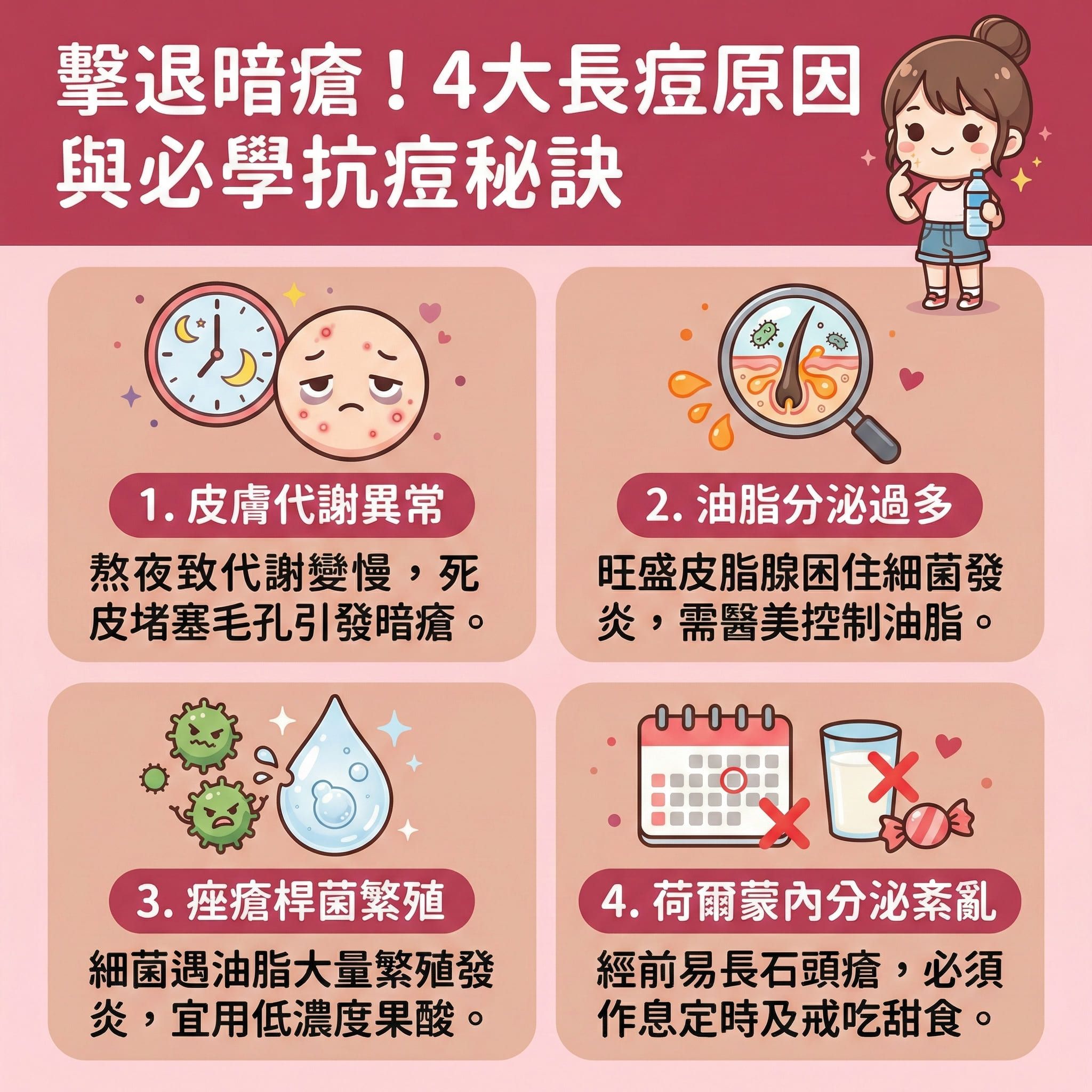 這是一張正方形扁平化的醫學美容資訊圖表，教導大家如何緊緻肌膚與收細毛孔。圖表詳細分析毛孔粗大的成因：當受荷爾蒙影響，皮脂腺過度活躍，若未能徹底卸妝及深層清潔，積聚的油脂會撐大毛孔；同時，紫外線會加速皮膚老化，破壞膠原蛋白與彈性纖維。若不當擠壓黑頭、粉刺及暗瘡，極易留下凹凸洞。

日常保養建議做好防曬保護與保濕鎖水（如補充透明質酸），達致水油平衡與修復皮膚屏障。可使用含水楊酸或果酸的產品來溫和去角質及溶解黑頭，從而疏通毛孔並預防堵塞，維持角質層健康，以減少皮脂分泌及控制油脂分泌。

若問題嚴重，建議尋求皮膚科醫生協助。圖表推薦結合專業激光治療來促進新陳代謝、刺激膠原增生、提升彈性、延緩衰老及改善粗糙膚質。最後強烈推薦體驗完美醫療的專業暗瘡分手療程，為您重塑平滑亮澤美肌！