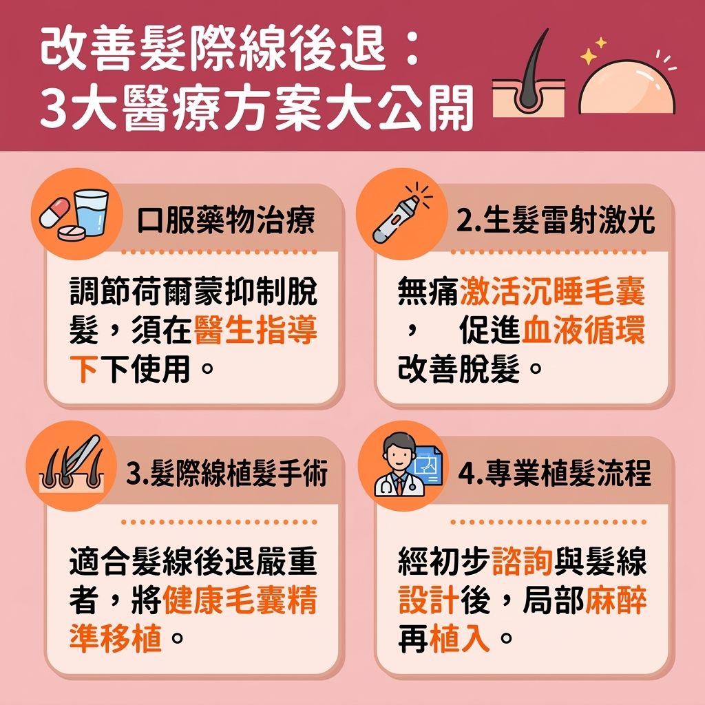 這是一張台灣健康部落格風格的 1:1 正方形資訊圖表,詳細介紹了挽救髮際線與改善髮線後移的醫療方案。當出現髮線後移先兆或M字額初期時,無論男女(包含女性髮線後移),都會尋求高額頭改善與頭髮稀疏解決的方法。許多人為了掩飾額頭高面相或髮線高髮型,會使用髮際線粉並搜尋髮際線粉推薦,或嘗試髮際線修飾與胎毛瀏海剪法。
然而,要根本解決脫髮與M字額,必須關注頭皮、頭髮及毛囊的健康。日常可使用防脫髮洗頭水及生髮水,並定期進行頭皮深層清潔以減少頭皮屑及皮脂腺阻塞。攝取充足的蛋白質能滋養髮根。若確診為雄性禿,皮膚科醫生會建議正規的雄性禿治療,透過調節荷爾蒙來進行毛囊萎縮治療。
圖表列出三大生髮療程推薦:首先是藥物治療;其次是使用醫療級激光(其原理類似激光生髮帽且激光生髮帽效果顯著),能刺激毛囊生長、促進頭髮生長及改善血液循環;最後是針對嚴重髮線退後的植髮手術。這些醫療方案能有效為你重建自信的額頭與髮線。