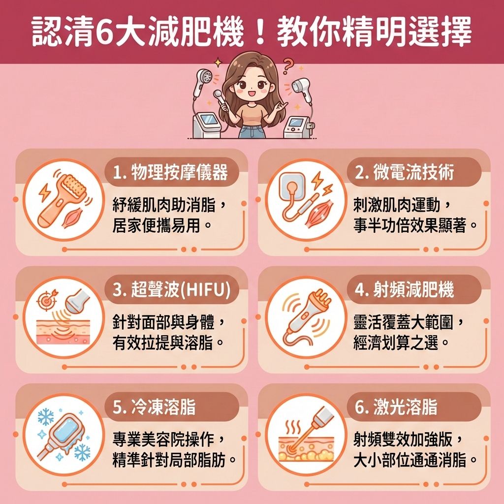 這是一張台灣健康部落格風格的 1:1 正方形醫美資訊圖表。圖中的長髮女孩正在尋找合適的減肥機，希望透過先進的無創溶脂技術來燃燒體內脂肪與破壞脂肪細胞。日常生活中，除了配合帶氧運動（例如使用跑步機、橢圓機或健身單車等帶氧運動器材），控制卡路里攝取以落實健康體重管理外，我們還需要提升新陳代謝（促進新陳代謝），並有效降低體脂率與體重指數。

針對難以消除的贅肉，可選擇局部減脂療程。市面上有各種儀器：微電流能增加肌肉比例並鍛鍊肌肉；物理按摩能促進血液循環（加強血液循環）與活化淋巴以疏通淋巴排毒，從而改善水腫問題。高階的療程如超聲波、射頻與冷凍溶脂，能精準消除頑固脂肪（消滅深層脂肪）並減少脂肪積聚。

這些安全無痛減肥方法不僅能幫助你突破減肥停滯期、消耗多餘熱量，還能刺激膠原增生（增加膠原蛋白），有效收緊鬆弛肌膚與塑造緊緻線條。若想獲得最理想的效果，建議尋求專業醫學美容的協助。香港完美醫療提供頂級的醫美定位修形服務，為您安全打造完美體態！