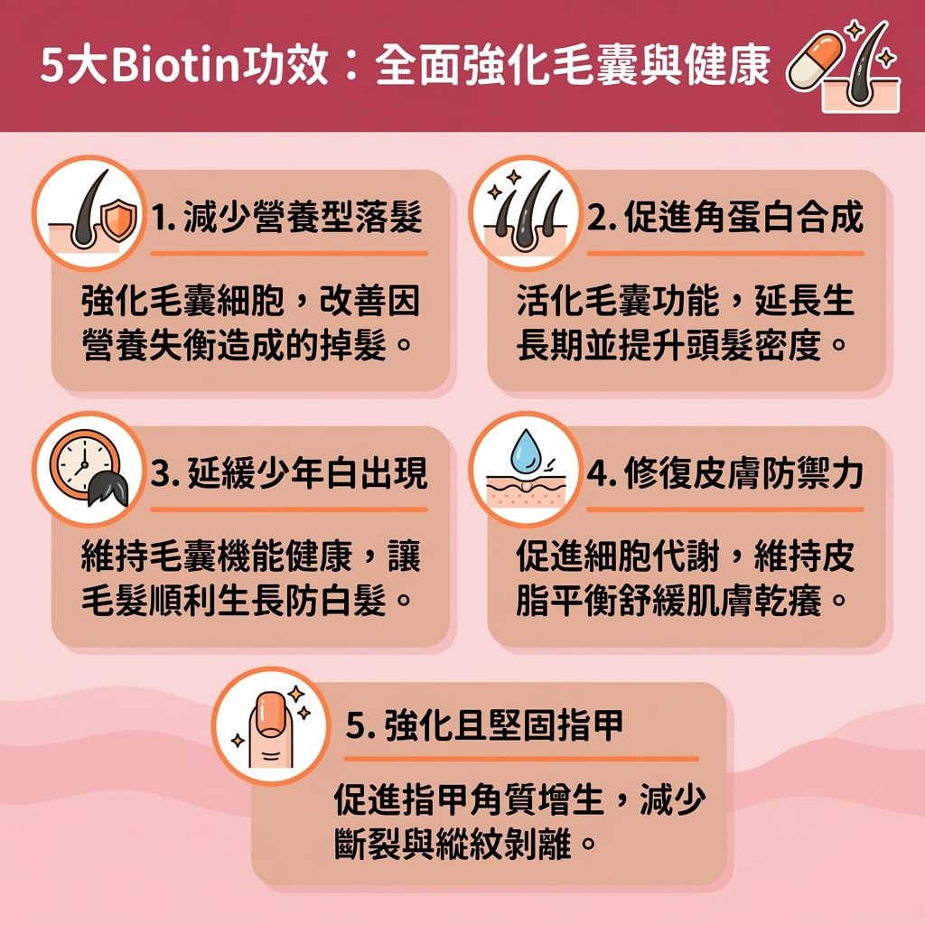 這是一張台灣健康部落格風格的 1:1 正方形資訊圖表，詳細解說生物素生髮功效及如何解決脫髮問題。圖表強調生物素（即強效的防脫髮維他命）是維持毛囊與頭皮健康的關鍵營養素。當人體缺乏生物素脫髮時，會影響細胞新陳代謝與血液循環，導致脫髮與雄性禿加劇。

透過多攝取富含生物素食物（如蛋黃、堅果、酵母）或尋求優質的生物素保健品推薦（如各類保健品），確保足夠的生物素每日攝取量，能結合體內的氨基酸與酵素，有效促進角蛋白合成，保護構成髮絲的角蛋白與蛋白質。這不僅能刺激毛囊生長、延長毛髮生長期，更是強化髮根健康、減少掉髮數量及改善頭髮稀疏的重要方法，最終達到預防異常掉髮與增加頭髮厚度的目標。

對於尋求產後脫髮生物素補充或想修復受損髮質的族群，搭配生物素洗頭水能進一步促進頭皮健康，調節皮脂腺功能。除了頭髮，生物素對指甲與皮膚的強韌與修復也有極大益處。使用前建議諮詢醫生以了解自身狀況並避免生物素副作用。