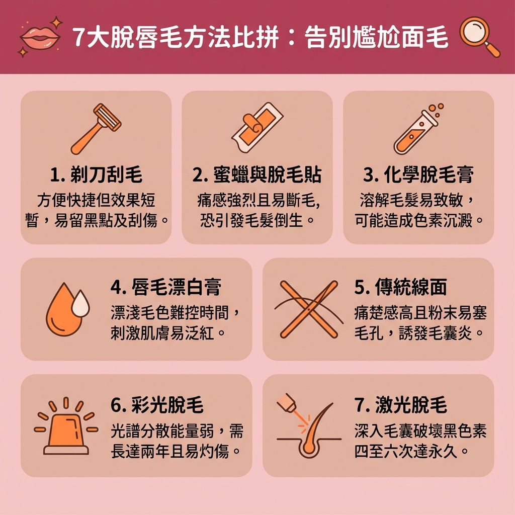 這是一張台灣健康部落格風格的 1:1 正方形資訊圖表,深入分析各種去除唇毛方法與面部脫毛推薦。探討女生長鬍鬚原因,常與體內荷爾蒙(如雄性激素過盛或雌激素失衡)有關,導致嘴唇周邊長出濃密面毛與唇毛(汗毛)。
圖表破解了唇毛越剃越粗的迷思,指出使用剃刀、鑷子或安全脫毛工具不當,會破壞皮膚表層的角質。若依賴化學脫毛膏或漂白劑,可能引發唇毛漂白副作用與敏感肌過敏,造成炎症。而蜜蠟脫毛痛楚強烈,搭配蜜蠟容易拉扯毛孔,引發拔唇毛後遺症,必須謹慎解決毛囊發炎並避免毛孔粗大。
為了改善唇邊暗沉與減少色素沉澱,尋找脫面毛邊間好是關鍵。專業的激光脫唇毛與無痛激光脫毛,利用激光穿透皮層,直接破壞毛囊底部的黑色素。療程後搭配適當的脫毛後護理,能舒緩脫毛紅腫並修復受損屏障,同時結合改善荷爾蒙失調的調理,輕鬆達到理想的永久脫毛效果。