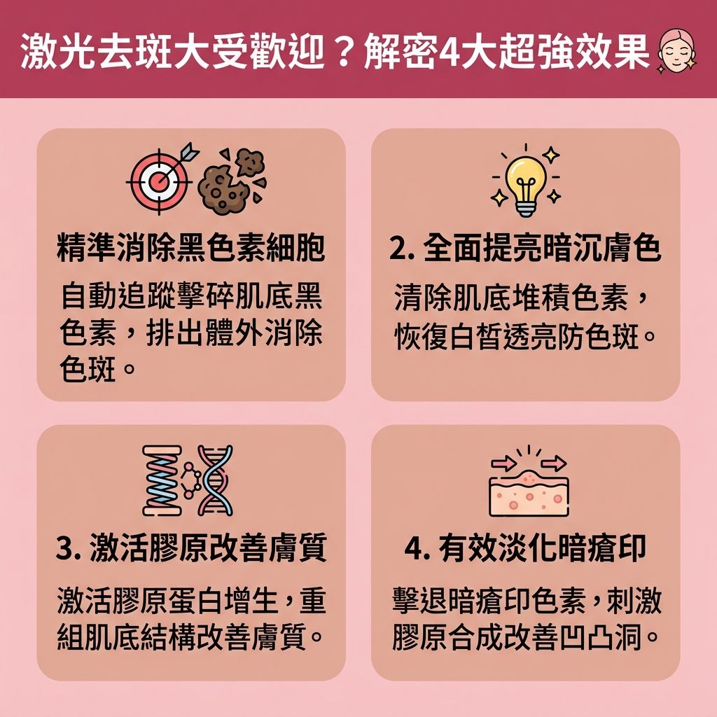 這是一張台灣健康部落格風格的1:1正方形扁平化資訊圖表，詳細解說【激光】與【皮秒激光】療程為何大受歡迎。面對【角質層】、【表皮層】及【真皮層】中活躍的【黑色素細胞】，若不妥善防護，會導致【黑色素】大量堆積，形成【太陽斑】、【雀斑】、【老人斑】、【荷爾蒙斑】（又稱【黃褐斑】）甚至是【汗斑】等各類【色斑】。日常需使用【護膚品】與富含【維他命】的成分來【抵抗自由基】、【去除老廢角質】與【促進新陳代謝】（加速【新陳代謝】），並塗抹【防曬霜】落實【物理防曬方法】，以【阻截黑色素形成】、【預防色素沉澱】及【防止肌膚老化】。

然而，要徹底【解決色素沉澱】與【淡化色斑】，專業的【去斑療程推薦】是首選。雷射能精準【擊碎深層黑色素】，帶來顯著的【激光去斑效果】，不僅能【改善膚色不均】、【均勻膚色】、【提亮膚色】與【改善暗沉肌膚】，其光熱效應更能【刺激膠原增生】（補充【膠原蛋白】），達到【修復受損肌膚】的效果。療程後需注意可能出現的微小【結痂】、短暫的【去斑反黑期】或【激光打斑副作用】，只要做好保濕防曬，便能重拾無瑕美肌。