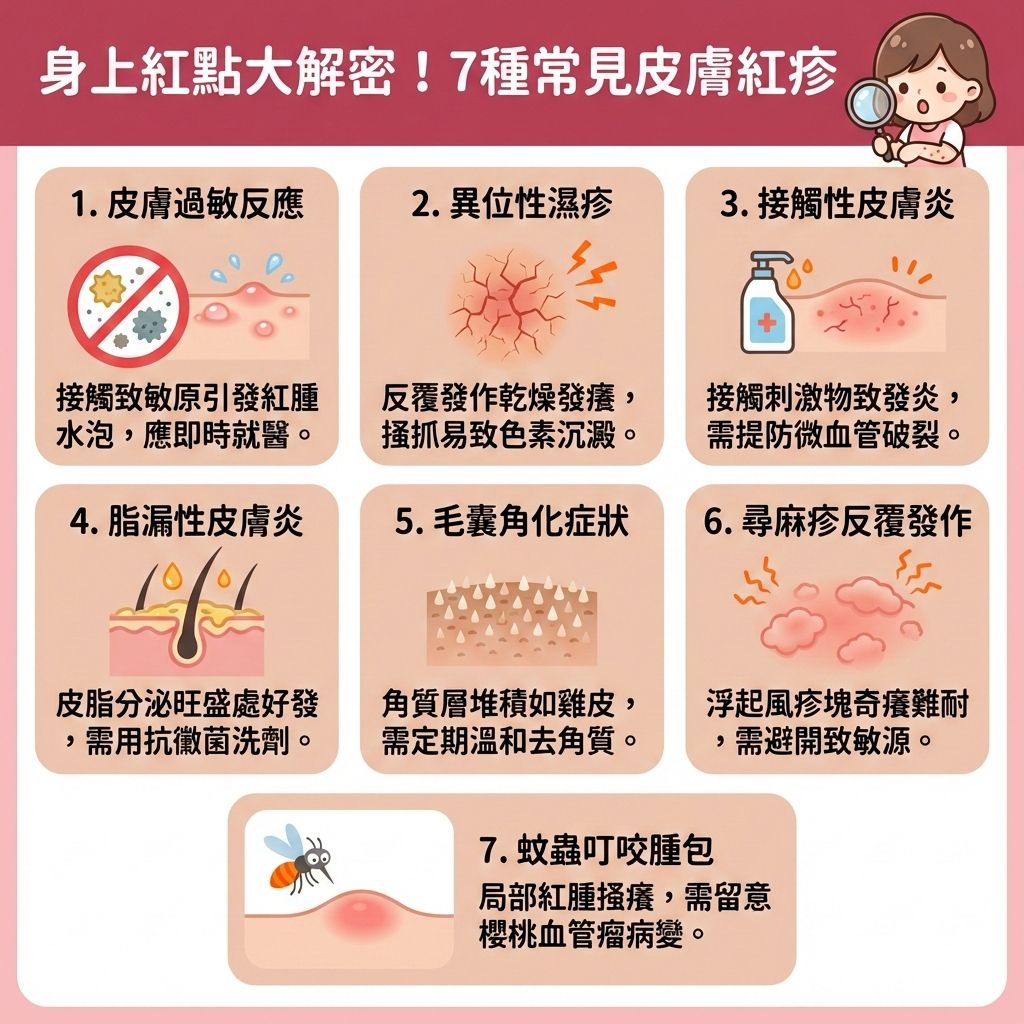 這是一張台灣健康部落格風格的醫學美容資訊圖表，詳細解密身上出現紅點的7大原因。當您感到皮膚痕癢難當時，可能是由於接觸到環境中的塵蟎等過敏原，或是因免疫系統失調引發的紅腫發炎反應。圖表列出常見的皮膚問題如濕疹、蕁麻疹、毛囊炎、以及伴隨丘疹的汗疹與玫瑰痤瘡，這些都可能破壞健康的皮膚屏障與角質層。

針對這些問題，正確的護理至關重要。我們必須避免過度搔抓以免損害微血管，並透過冰敷舒緩紅腫來達到褪紅消炎鎮靜的效果。日常應挑選溫和的護膚品來溫和清潔皮膚與徹底清潔毛孔，並嚴格避免刺激物質，藉此修復受損組織並增強皮膚屏障。為了降低過敏機率與調節免疫功能，應保持環境通風並減少進食辛辣，這有助於促進血液循環。

若紅點持續不退，甚至懷疑是櫻桃血管瘤等病變，切勿自行濫用類固醇，應盡快諮詢專業皮膚科醫生。圖表不僅教導如何舒緩過敏症狀與預防暗瘡，更強烈推薦完美醫療的專業療程，包含能改善粗糙膚質的激光項目、激光去印療程，以及皇牌「暗瘡分手療程」，助您從根本解決問題，實現長效預防復發！