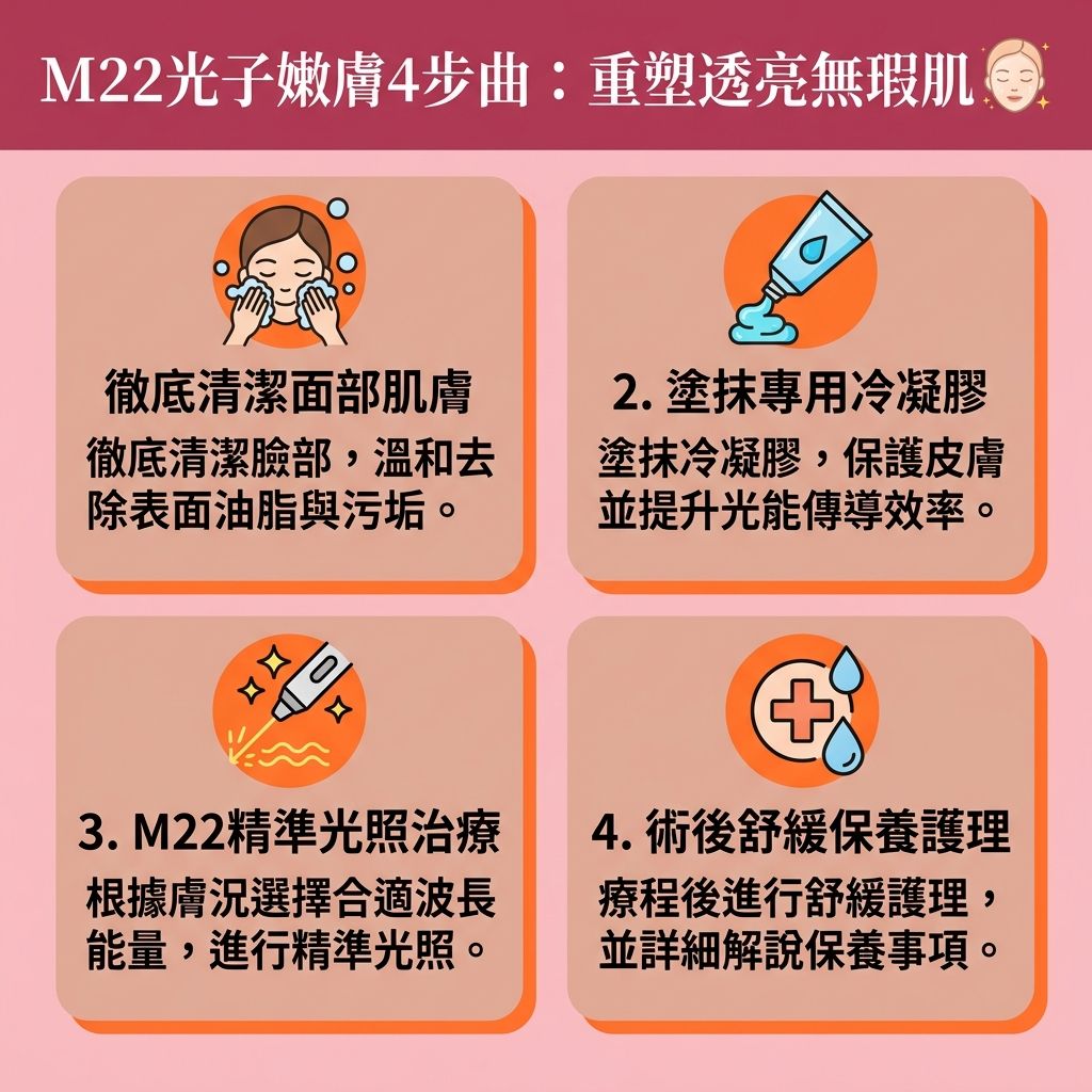 這是一張台灣健康部落格風格的 1:1 正方形扁平化資訊圖表,詳細解說【光子嫩膚】(即【彩光】或【脈衝光】)的標準【療程】4步驟。在專業【診所】進行這項【美白去斑療程】與先進的【光學嫩膚技術】時,醫師會根據肌膚問題挑選合適的【濾光片】與特定【波長】,將光能穿透【角質層】、【表皮層】直達【真皮層】。
這能有效【擊退黑色素】、【解決色素沉澱】及【阻截黑色素形成】,精準【淡化色斑】(如【雀斑】、【太陽斑】與深層的【荷爾蒙斑】等各類【色斑】)。同時,特定波長能【改善微絲血管擴張】與【舒緩皮膚泛紅】(減輕【泛紅】與【微絲血管】顯現),並幫助【去除暗瘡印】(消除惱人的【暗瘡印】)。
療程的光熱效應更能【刺激膠原增生】(活化【膠原蛋白】),【促進新陳代謝】以【修復受損肌膚】。這不僅能【收細毛孔】、【減少臉部細紋】、【改善粗糙膚質】與【提升肌膚彈性】,更能全面【改善膚色不均】、【均勻膚色】、【提亮膚色】及【改善暗沉肌膚】。術後配合溫和的【護膚品】保養,即可擁有白滑透亮的年輕肌膚。